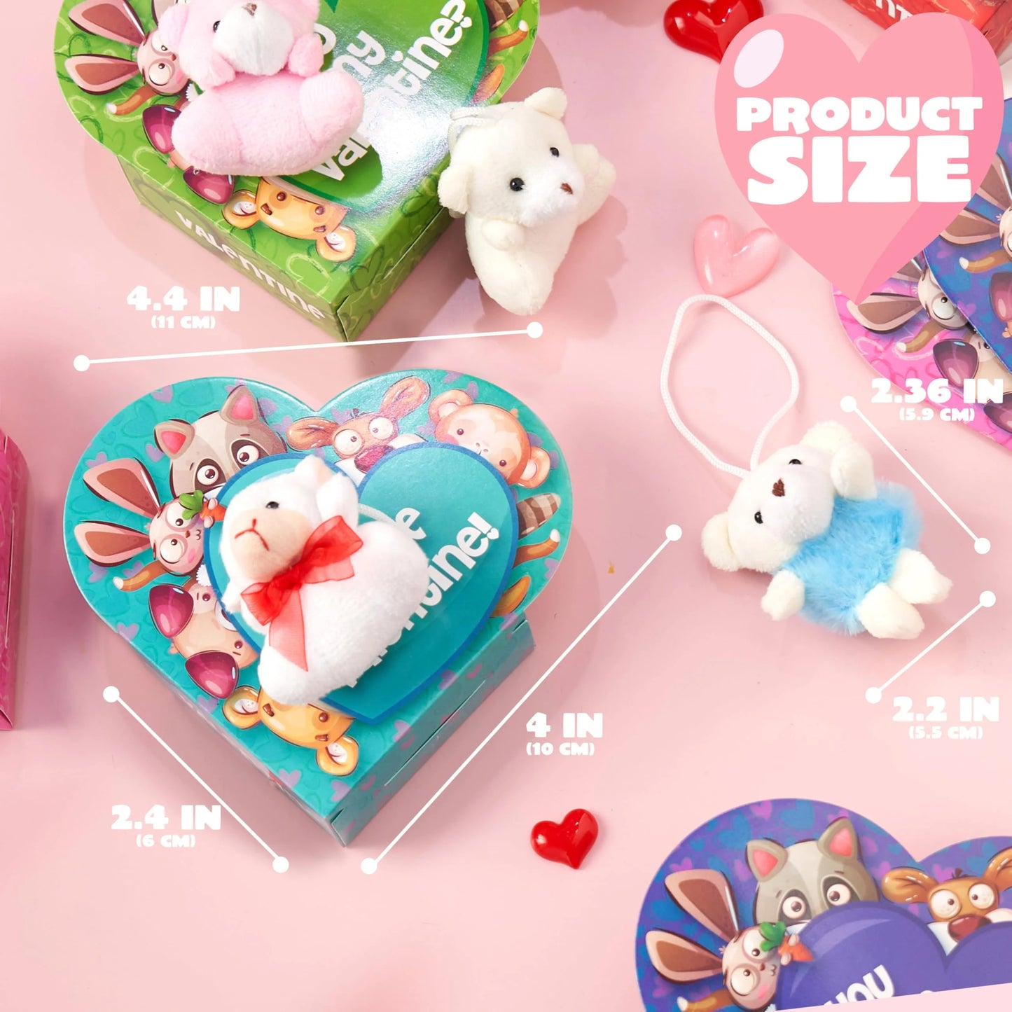 24 Packs Valentines Day Animal Plush Toy Party Favors Filled with Heart Boxes for Kids, KeyChain Plush Fidget Toy for Valentine's Classroom Gift Exchange, Party Game Prizes School Rewards