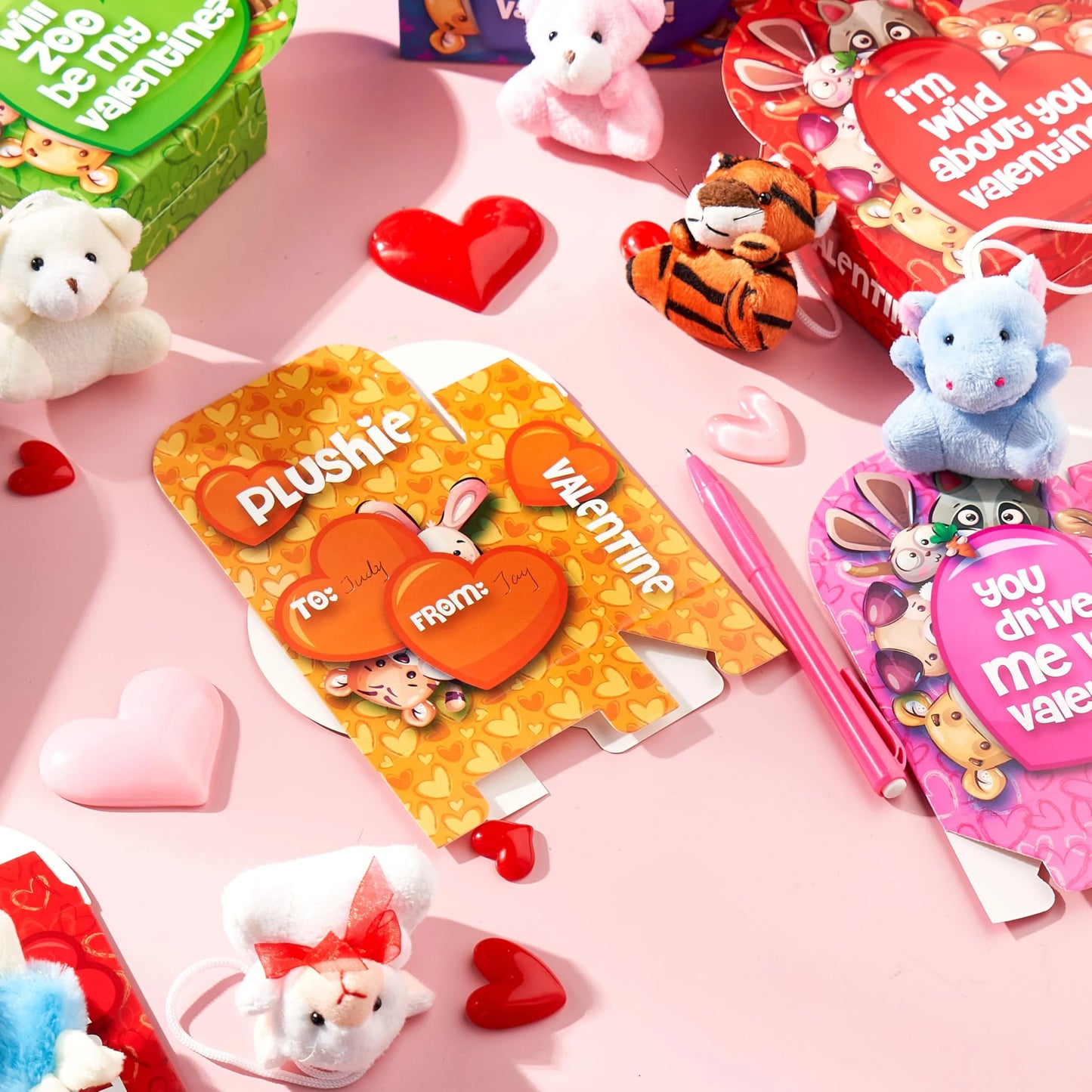 24 Packs Valentines Day Animal Plush Toy Party Favors Filled with Heart Boxes for Kids, KeyChain Plush Fidget Toy for Valentine's Classroom Gift Exchange, Party Game Prizes School Rewards