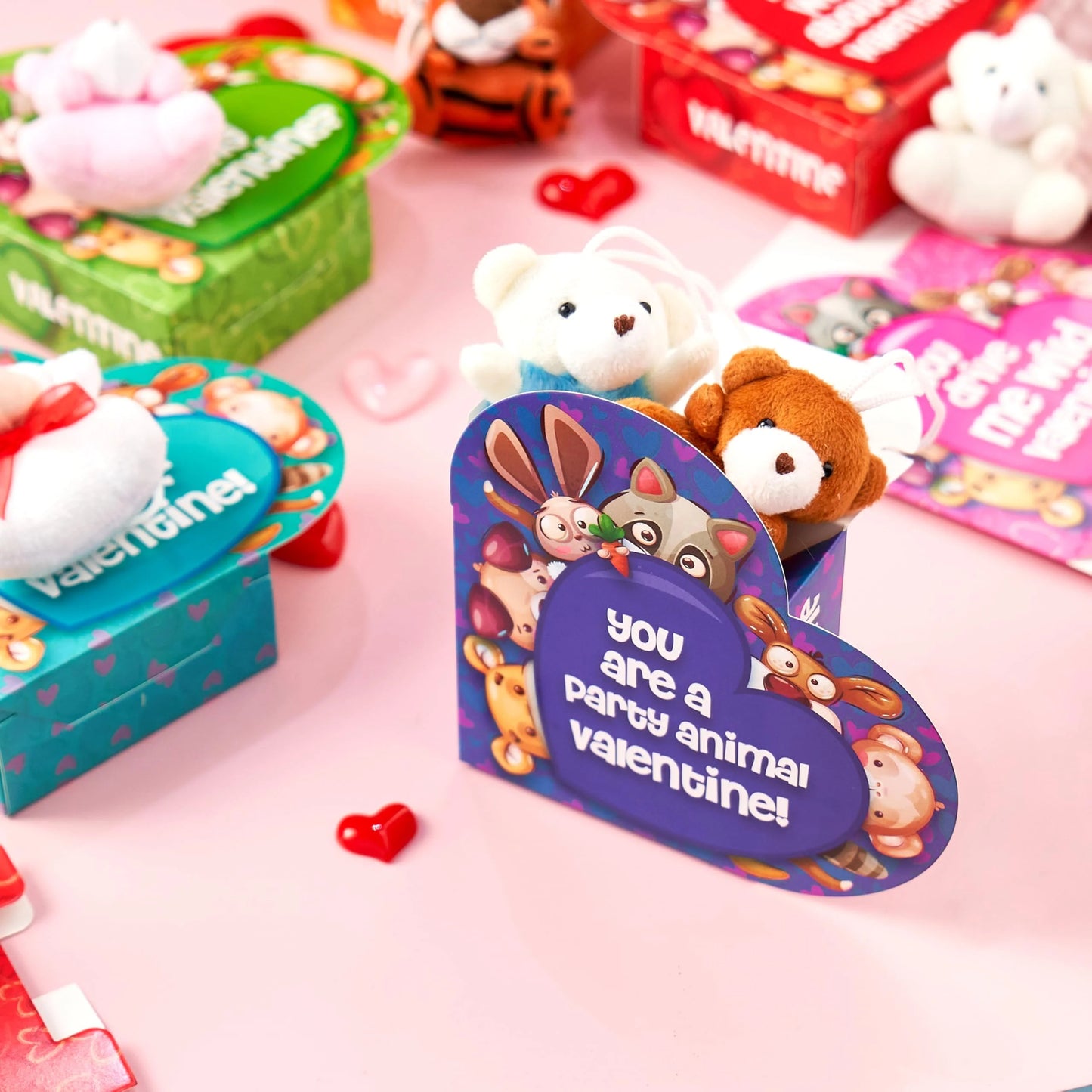 24 Packs Valentines Day Animal Plush Toy Party Favors Filled with Heart Boxes for Kids, KeyChain Plush Fidget Toy for Valentine's Classroom Gift Exchange, Party Game Prizes School Rewards