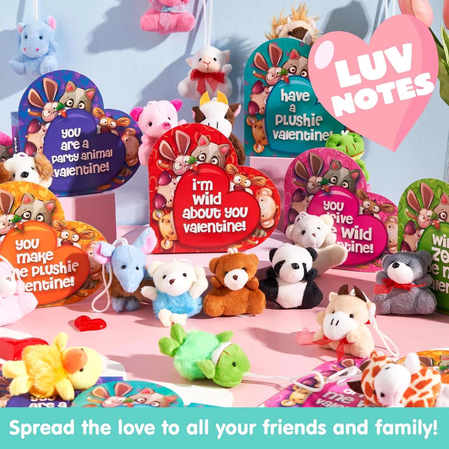 24 Packs Valentines Day Animal Plush Toy Party Favors Filled with Heart Boxes for Kids, KeyChain Plush Fidget Toy for Valentine's Classroom Gift Exchange, Party Game Prizes School Rewards