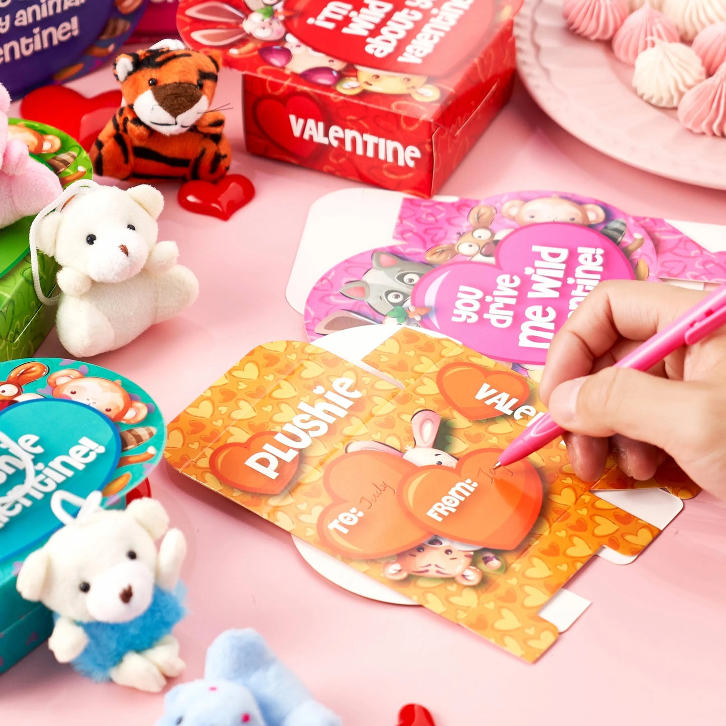 24 Packs Valentines Day Animal Plush Toy Party Favors Filled with Heart Boxes for Kids, KeyChain Plush Fidget Toy for Valentine's Classroom Gift Exchange, Party Game Prizes School Rewards
