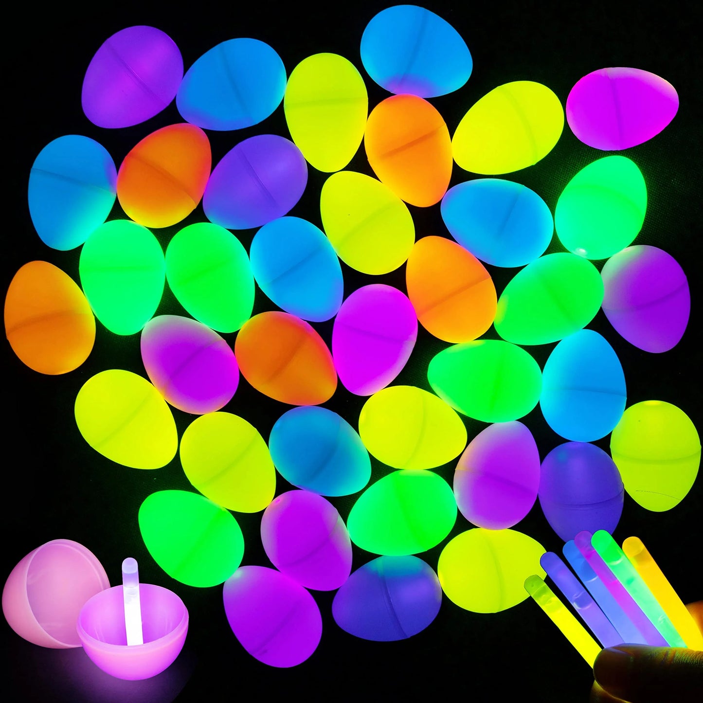 100 Easter Dark Glow Eggs with 150 Mini Sticks for Kids Glow-in-the-dark Easter Egg Hunting, Basket Filler Stuffing Gifts