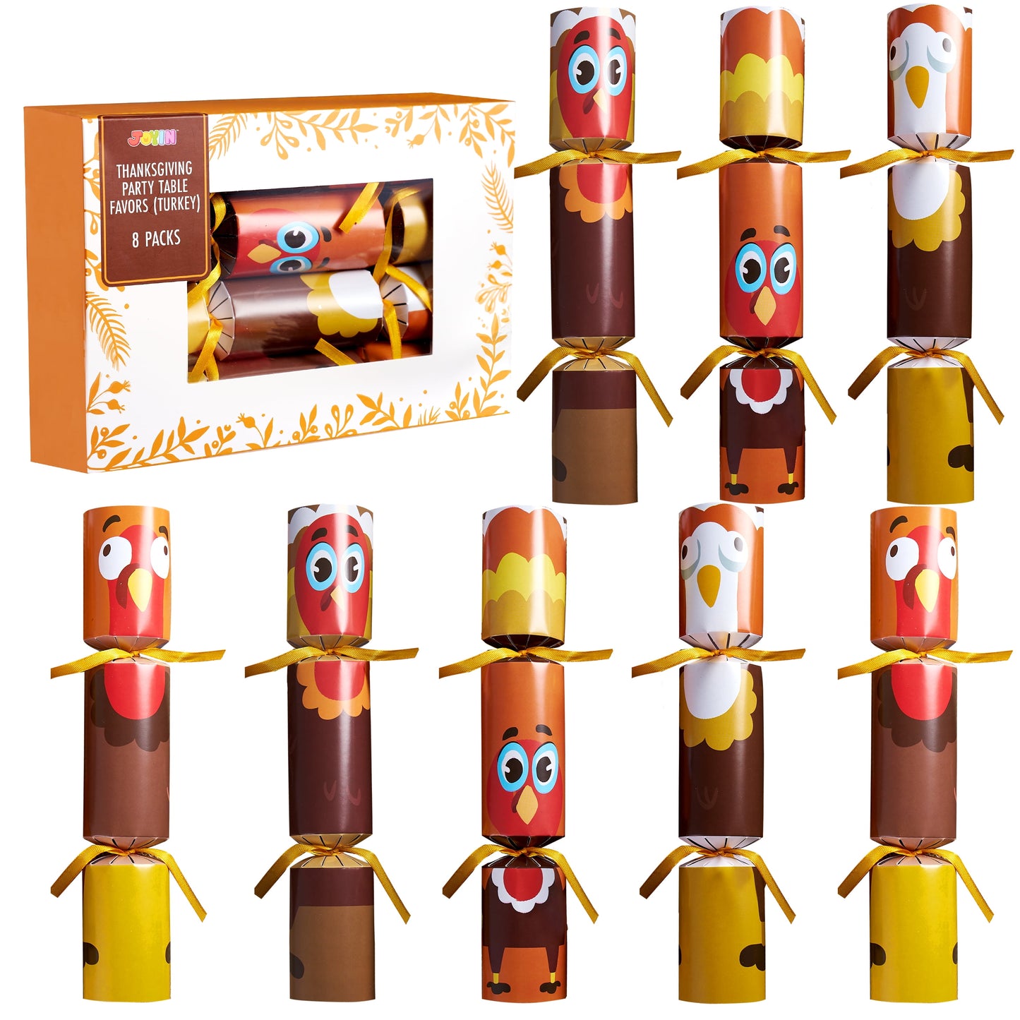 Joyfy 8 Pcs Thanksgiving Crackers Party Table Favor, No Snap Turkey Pattern Design, with Party Hat Joke & Little Gift for Xmas Holiday Dinner Traditions