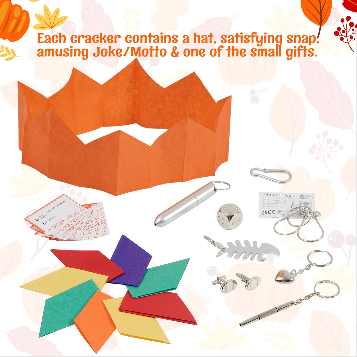 Joyfy 8 Pcs Thanksgiving Crackers Party Table Favor, No Snap Turkey Pattern Design, with Party Hat Joke & Little Gift for Xmas Holiday Dinner Traditions