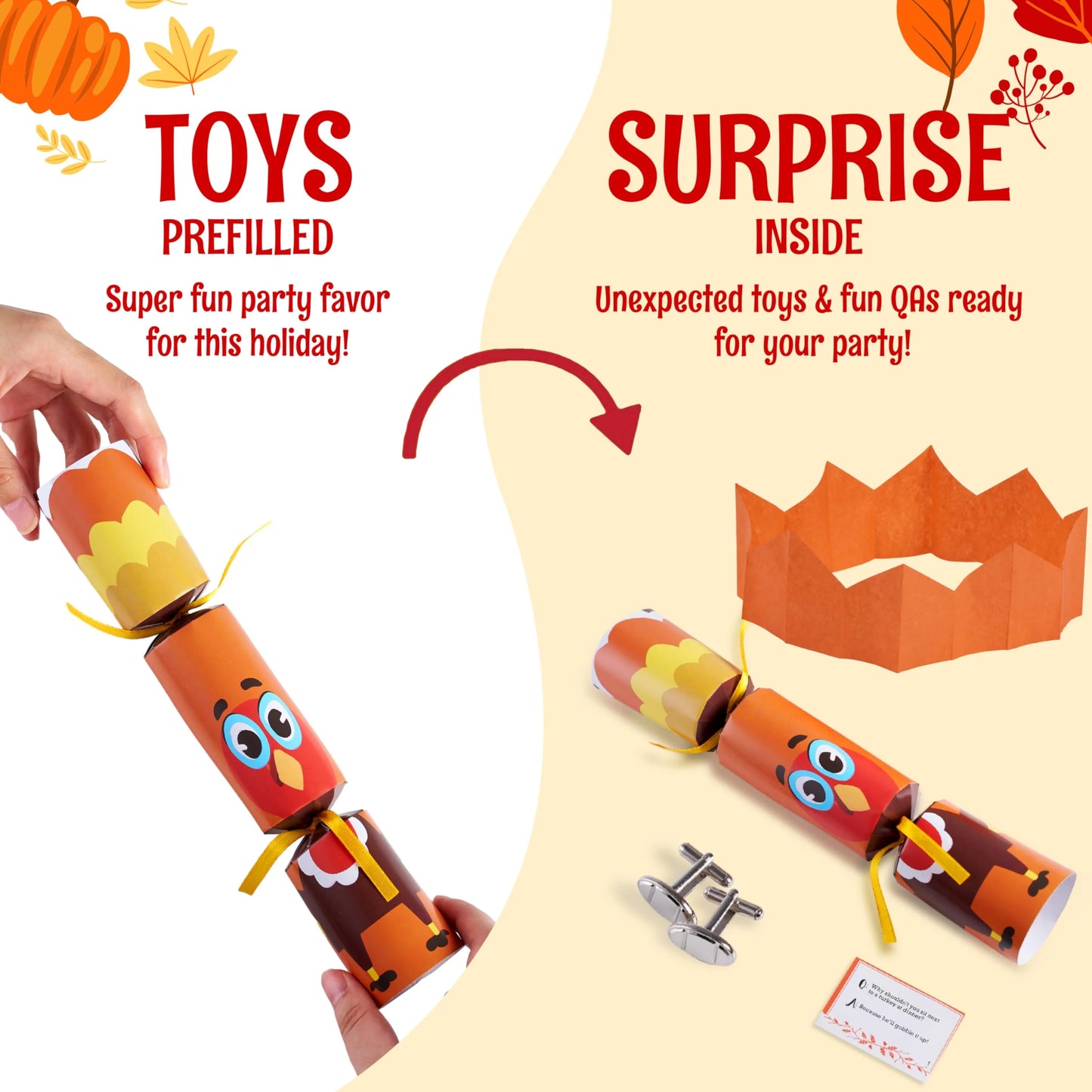 Joyfy 8 Pcs Thanksgiving Crackers Party Table Favor, No Snap Turkey Pattern Design, with Party Hat Joke & Little Gift for Xmas Holiday Dinner Traditions