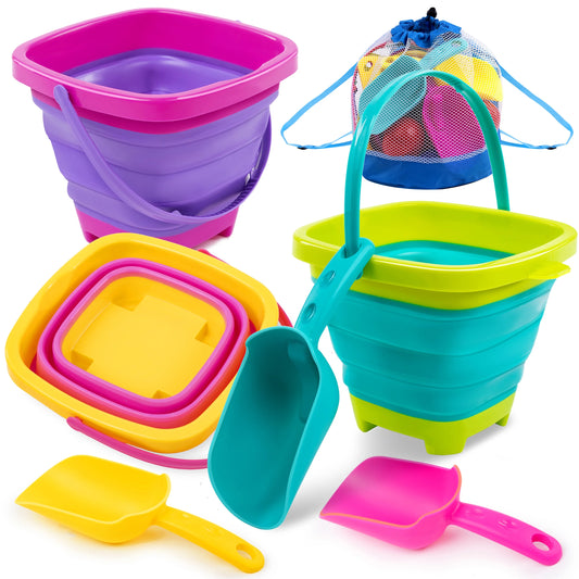 Syncfun 3 Packs Collapsible Bucket with Shovels & Mesh Bag, Multi-Purpose Kids sand toys for Beach, Camping Gear, Beach Parties, and Fun Summer Activities