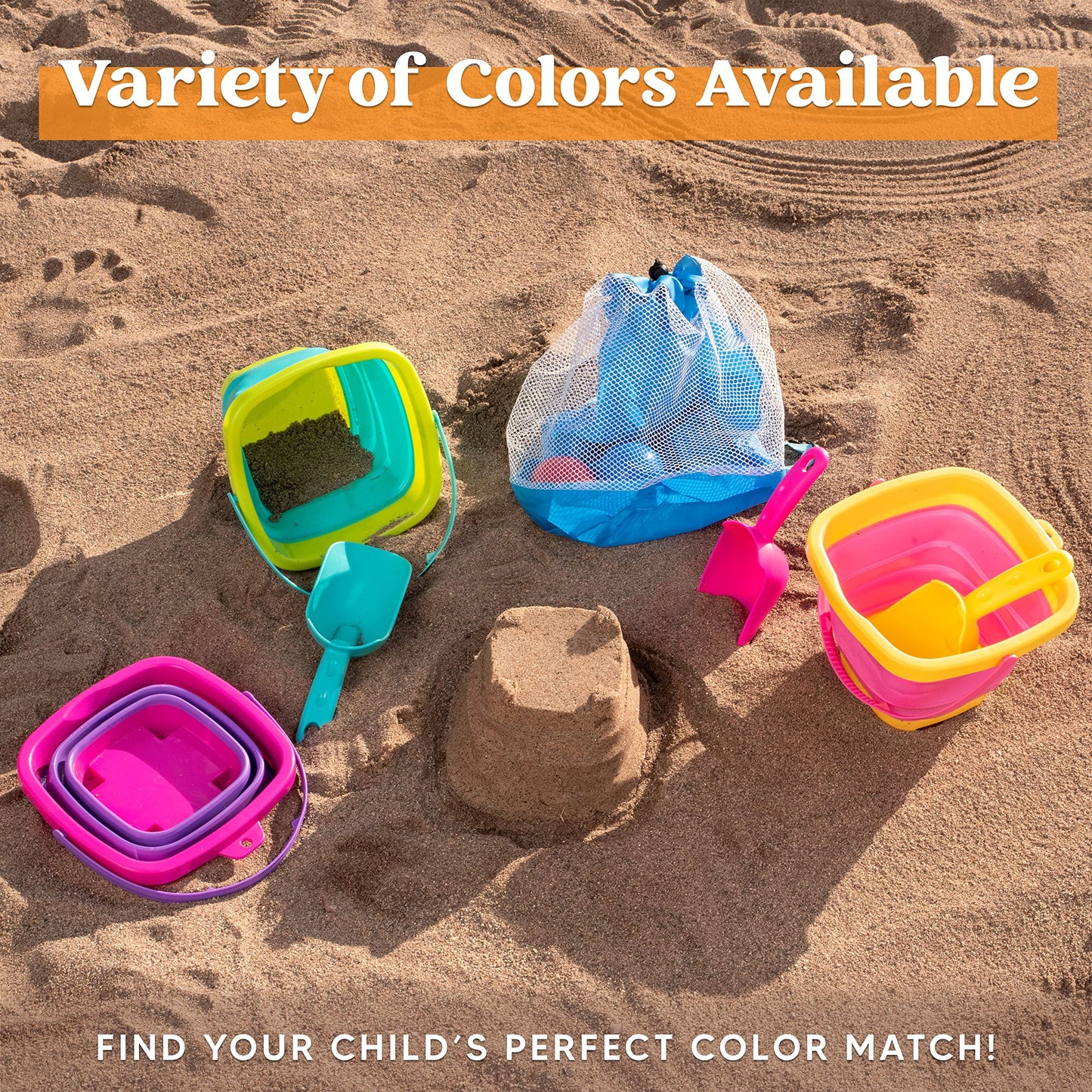 Syncfun 3 Packs Collapsible Bucket with Shovels & Mesh Bag, Multi-Purpose Kids sand toys for Beach, Camping Gear, Beach Parties, and Fun Summer Activities
