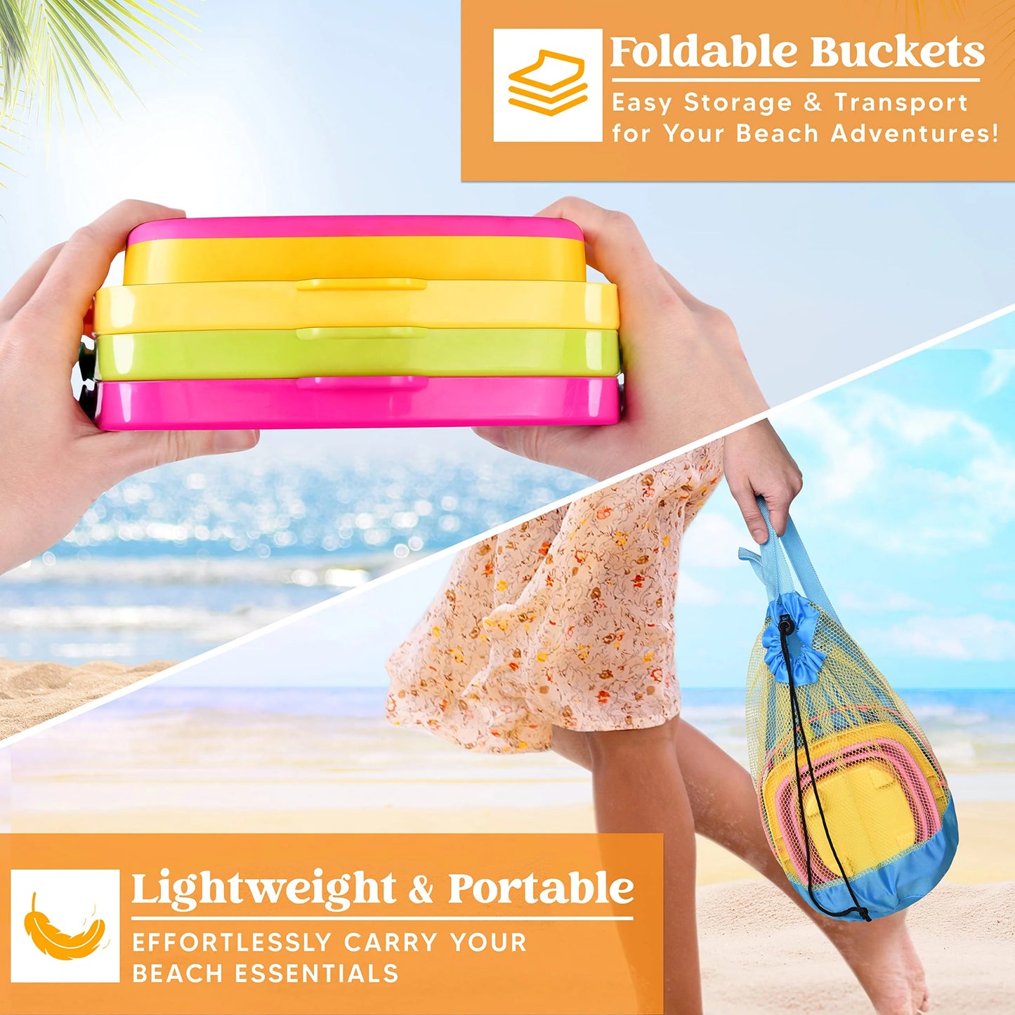 Syncfun 3 Packs Collapsible Bucket with Shovels & Mesh Bag, Multi-Purpose Kids sand toys for Beach, Camping Gear, Beach Parties, and Fun Summer Activities