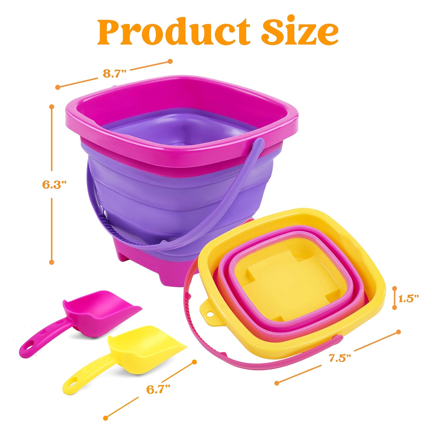 Syncfun 3 Packs Collapsible Bucket with Shovels & Mesh Bag, Multi-Purpose Kids sand toys for Beach, Camping Gear, Beach Parties, and Fun Summer Activities
