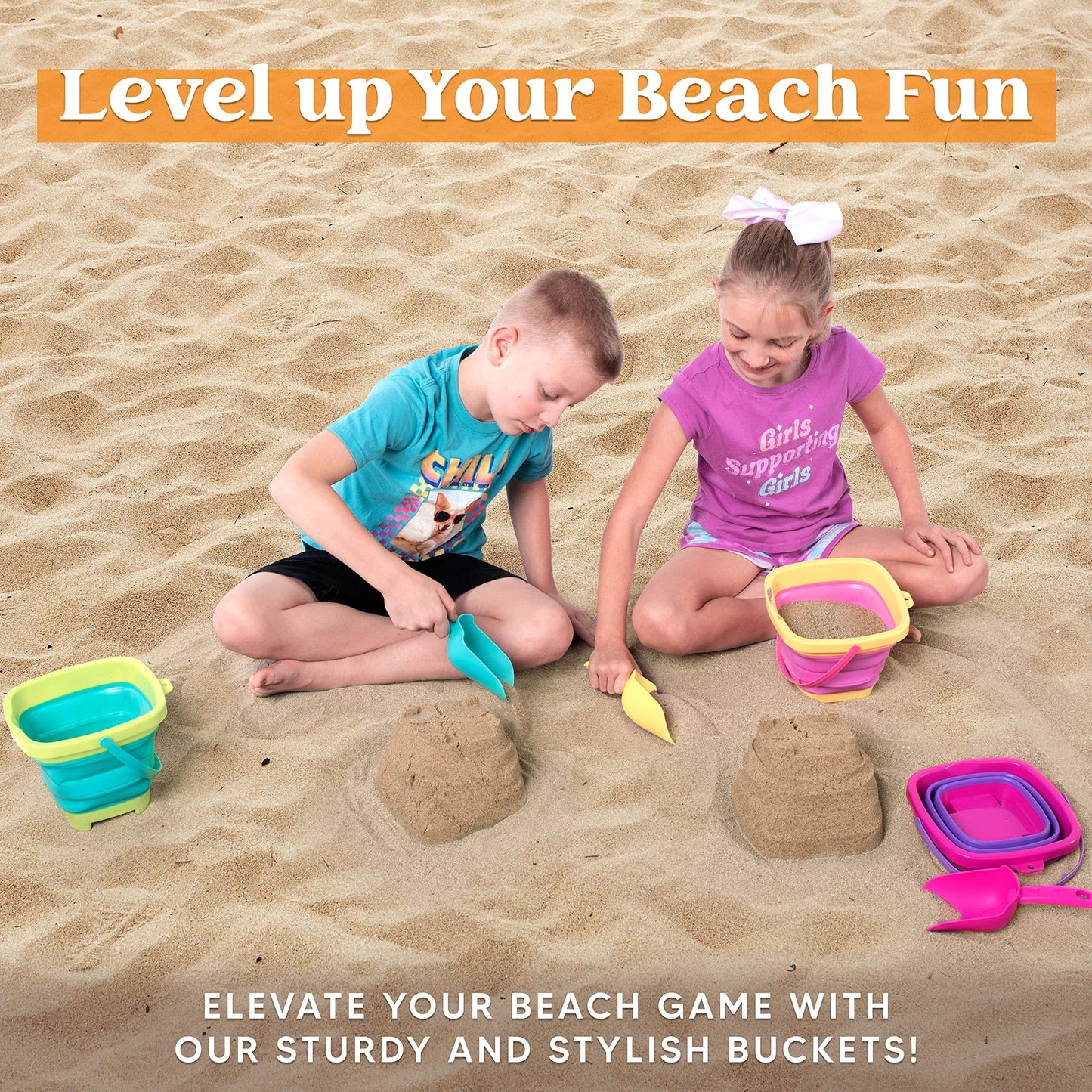 Syncfun 3 Packs Collapsible Bucket with Shovels & Mesh Bag, Multi-Purpose Kids sand toys for Beach, Camping Gear, Beach Parties, and Fun Summer Activities