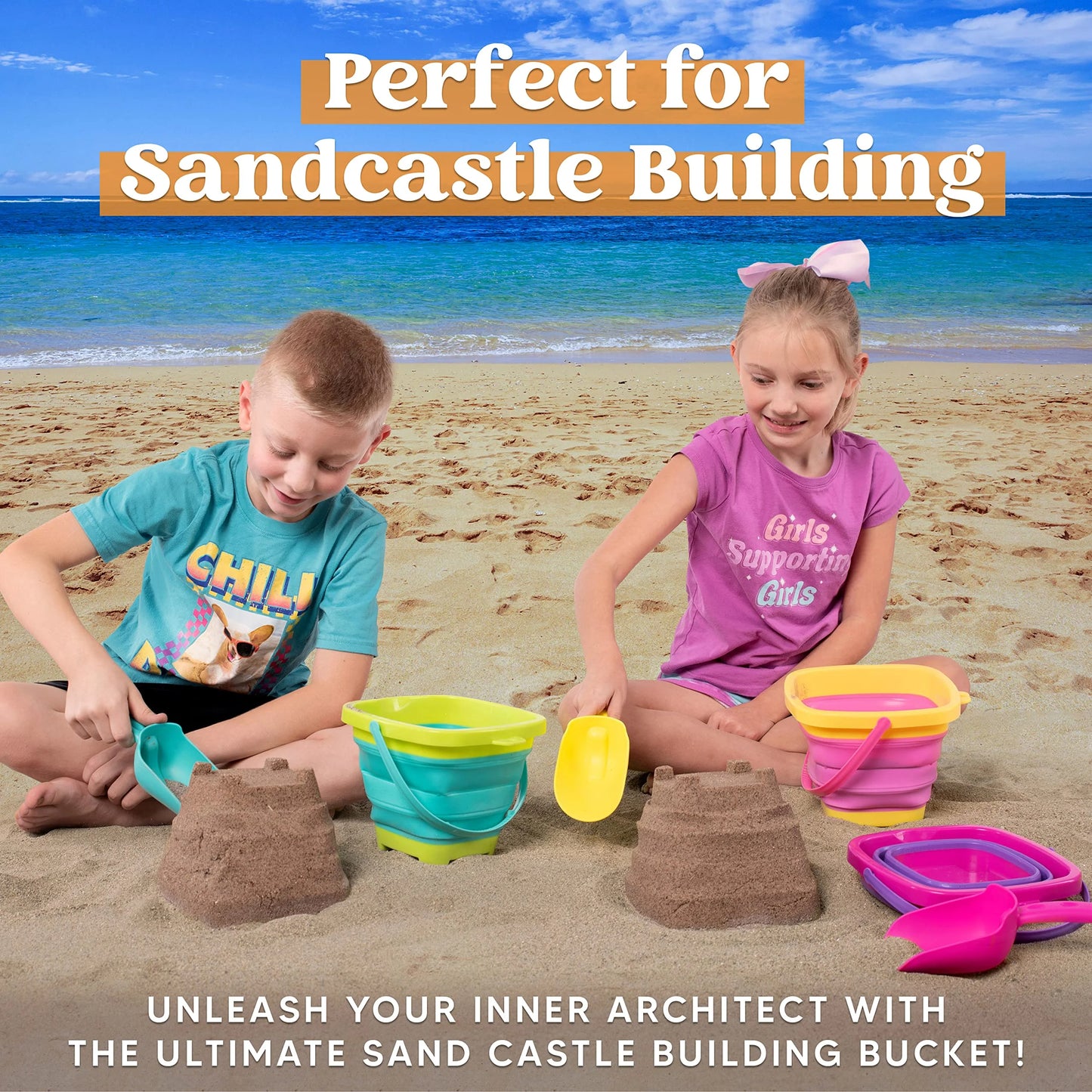 Syncfun 3 Packs Collapsible Bucket with Shovels & Mesh Bag, Multi-Purpose Kids sand toys for Beach, Camping Gear, Beach Parties, and Fun Summer Activities