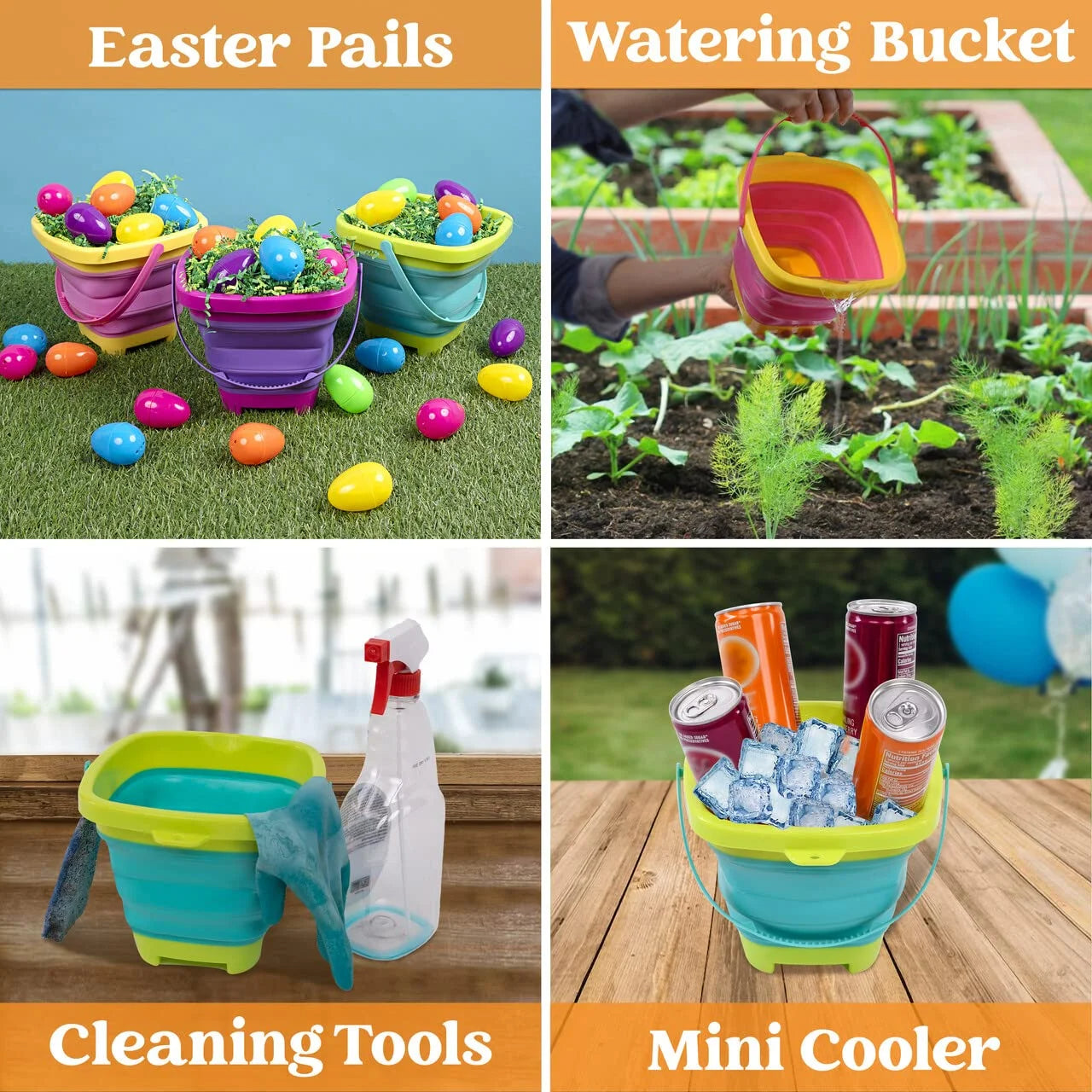 Syncfun 3 Packs Collapsible Bucket with Shovels & Mesh Bag, Multi-Purpose Kids sand toys for Beach, Camping Gear, Beach Parties, and Fun Summer Activities