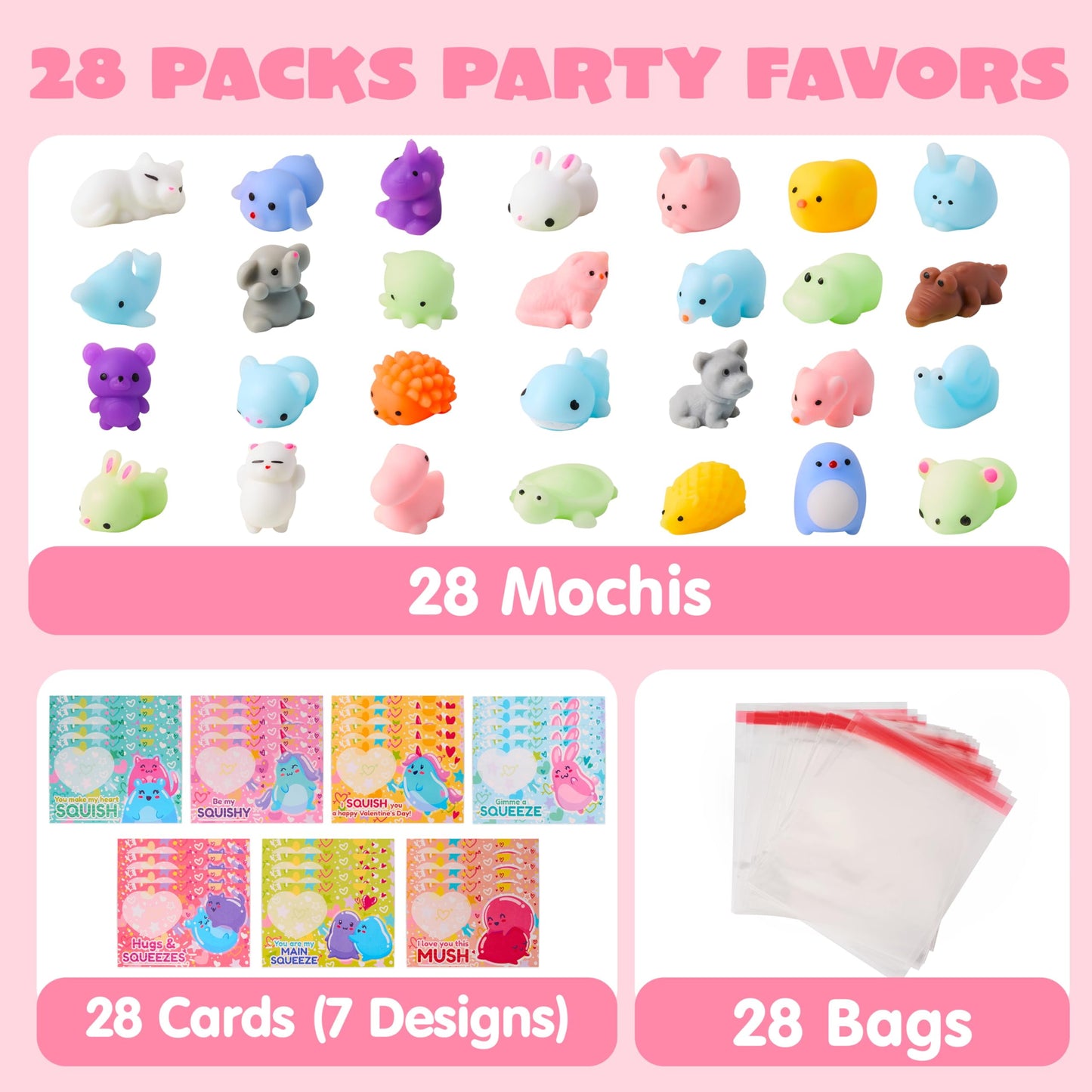 28 Packs Valentines Day Cards pack with Mochi Squishy Toys Set, Cute Animal Squeeze Fidget Toys for Kids Valentines School Class Exchange Cards, Valentine Party Favors