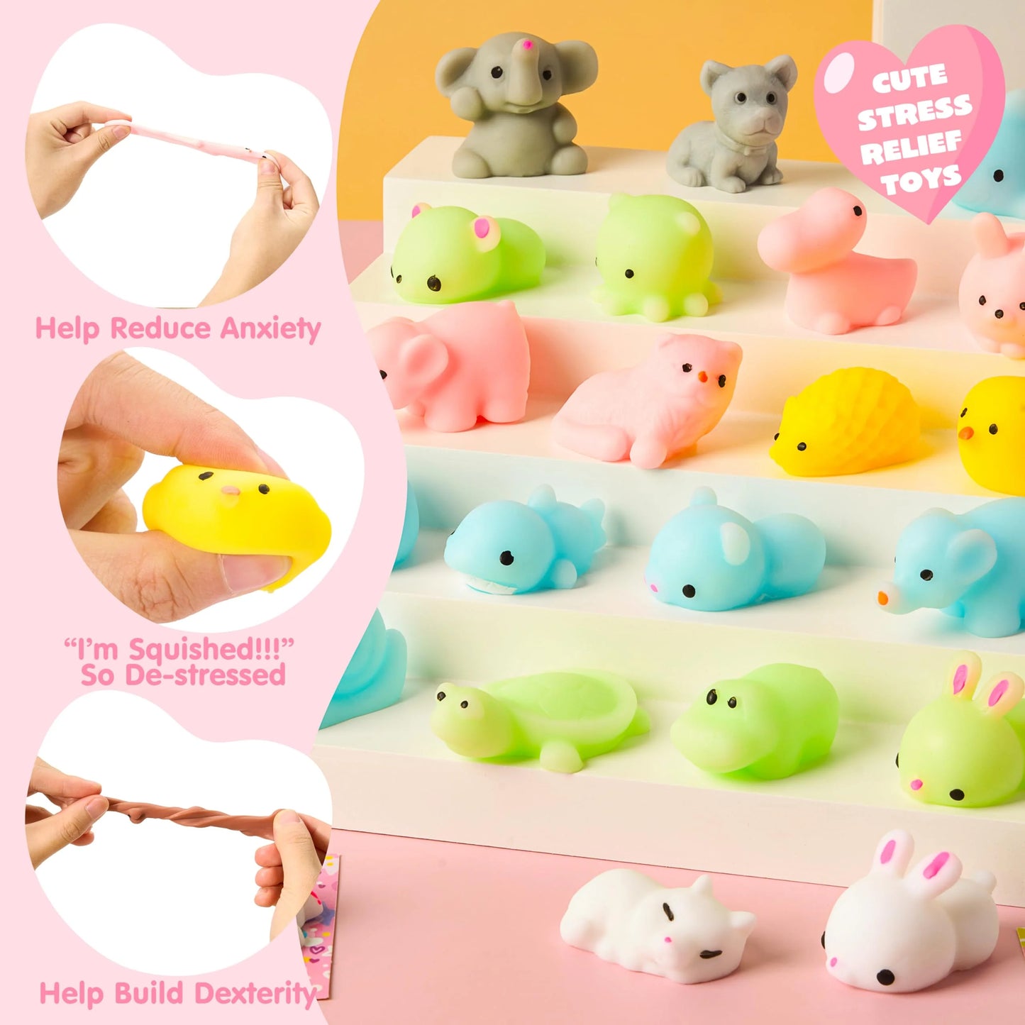 28 Packs Valentines Day Cards pack with Mochi Squishy Toys Set, Cute Animal Squeeze Fidget Toys for Kids Valentines School Class Exchange Cards, Valentine Party Favors