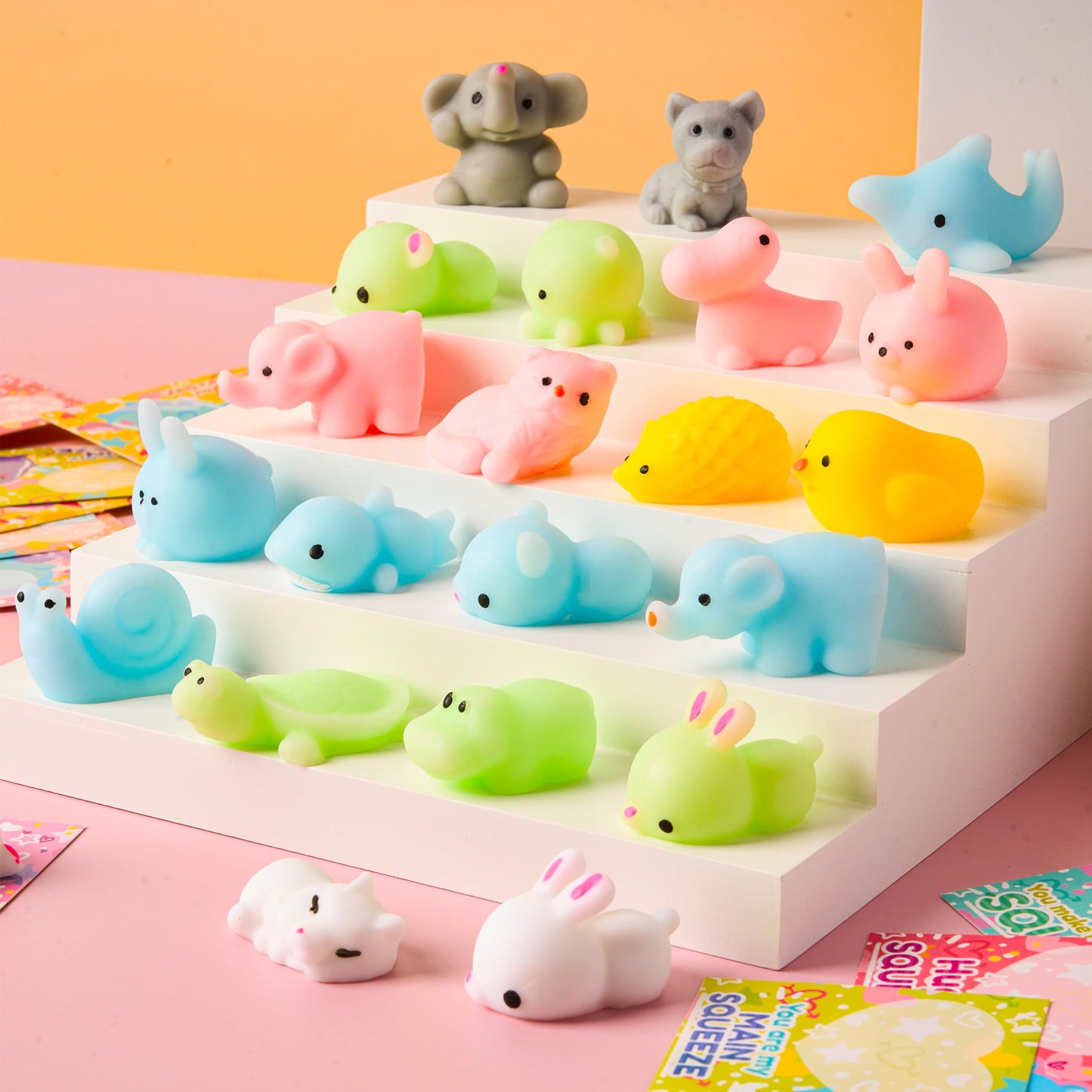 28 Packs Valentines Day Cards pack with Mochi Squishy Toys Set, Cute Animal Squeeze Fidget Toys for Kids Valentines School Class Exchange Cards, Valentine Party Favors