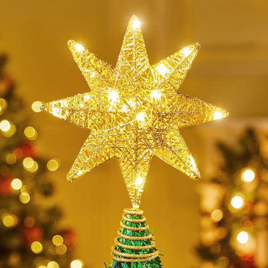 Joyfy Christmas Tree Topper,36 LED Gold Glitter 8-Point Star with Lights,Light Up Tree Topper Christmas Decorations Xmas Tree Decorations
