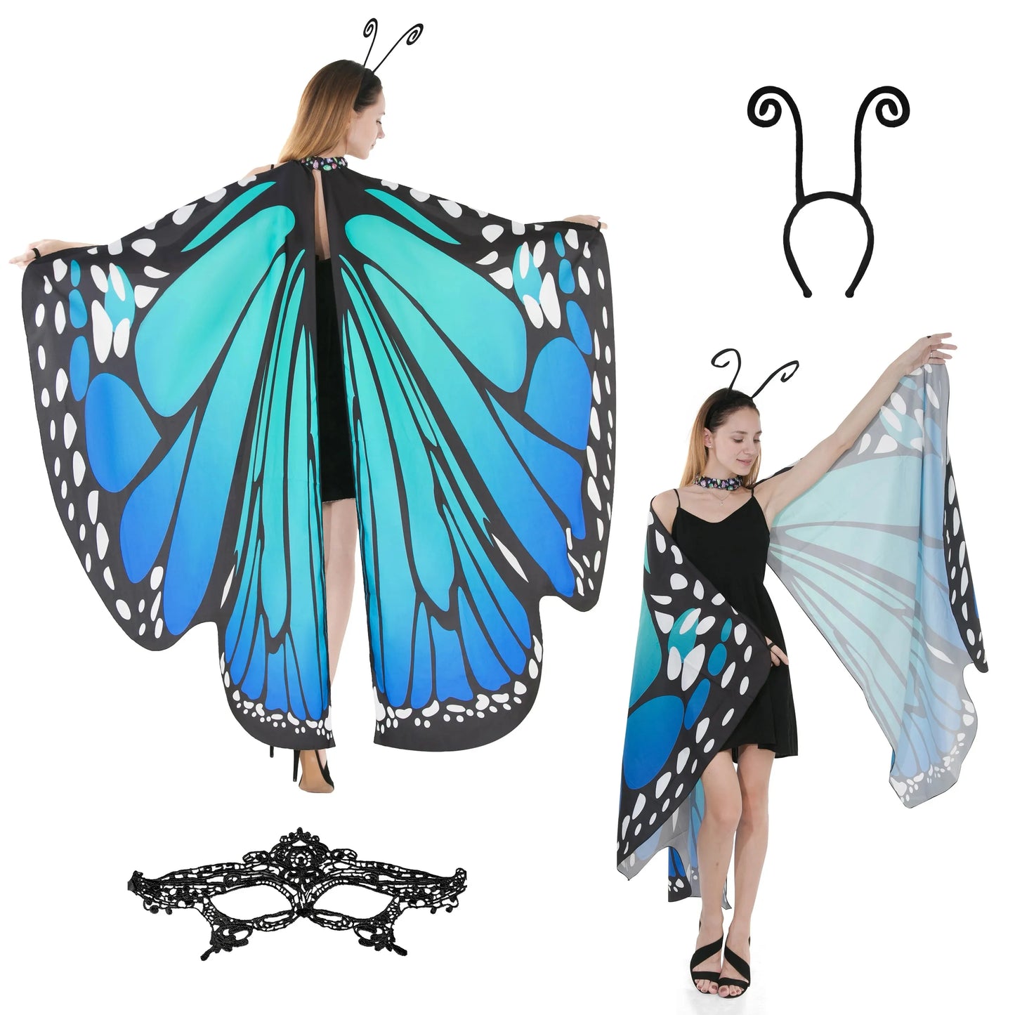 Syncfun Halloween Costume Butterfly wings for Adults cape with Cosplay mask and Velvet black headband