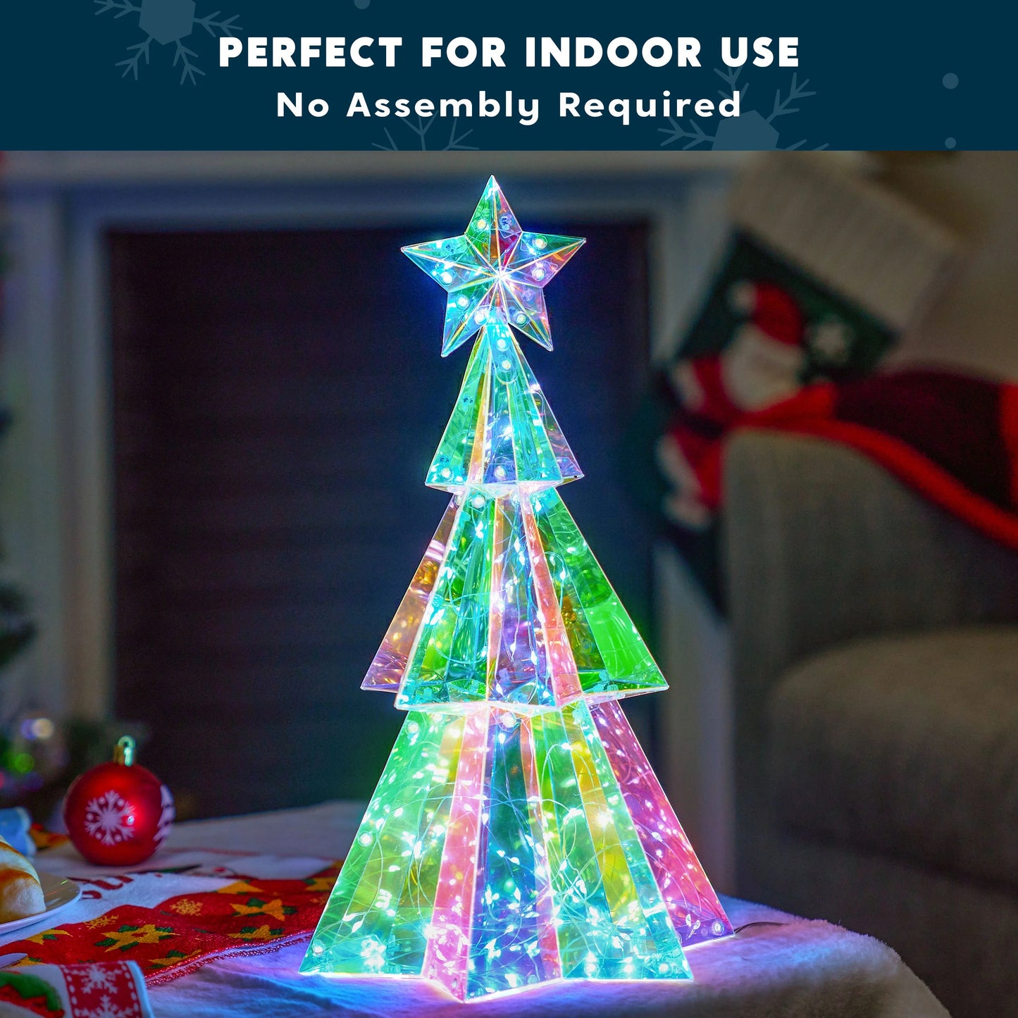 15 in Iridescent Christmas Tree Light Decorations, 100 LED Cool White Lights for Indoor Holiday Décor, Christmas Eve Night Décor