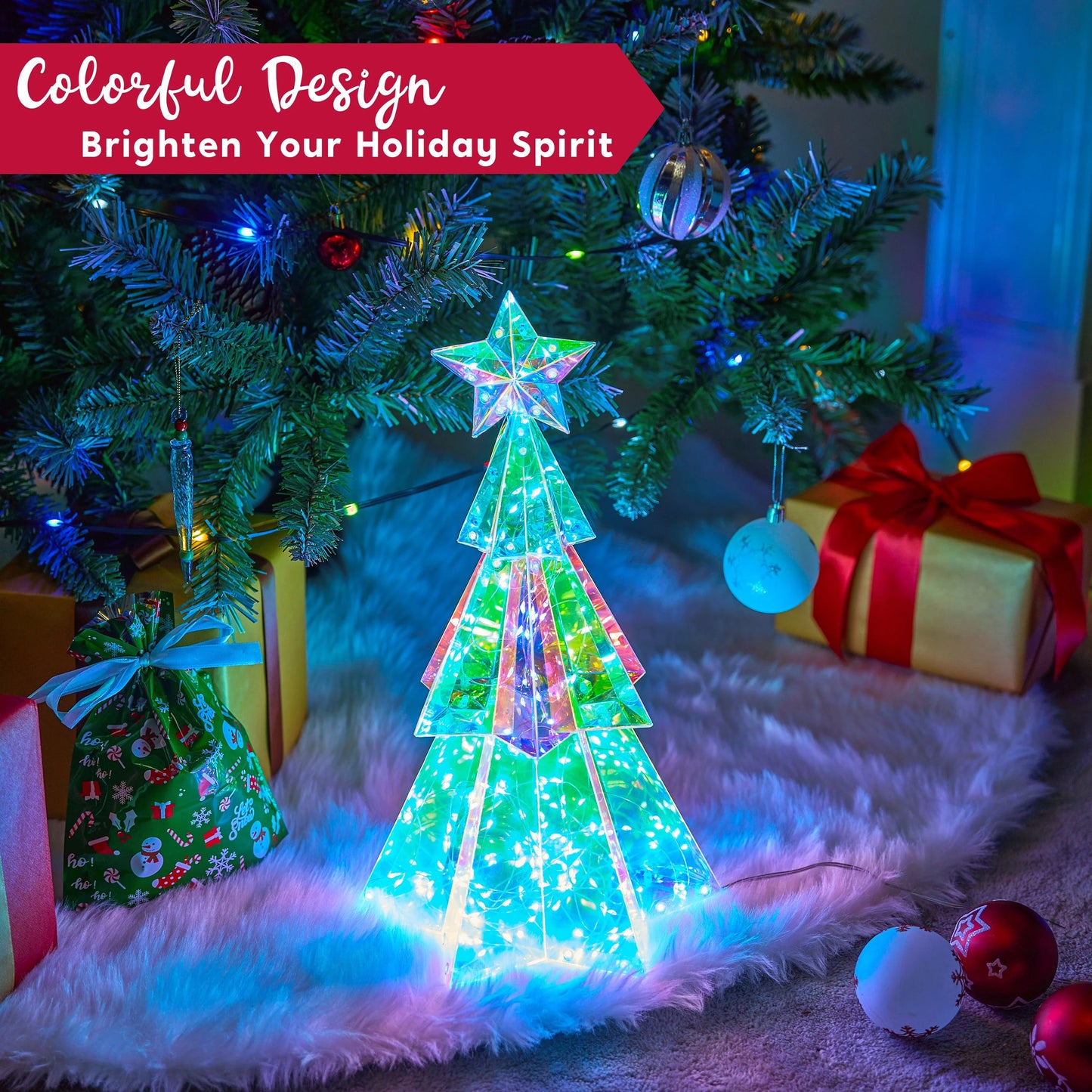 15 in Iridescent Christmas Tree Light Decorations, 100 LED Cool White Lights for Indoor Holiday Décor, Christmas Eve Night Décor