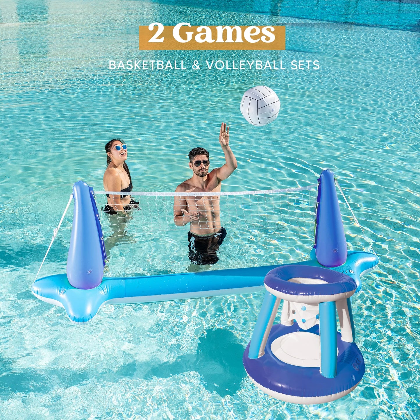 Inflatable Pool Float Game Set with Inflatable Volleyball Net & Basketball Hoops, Summer Pool Game for Kids and Adults - Dark Blue