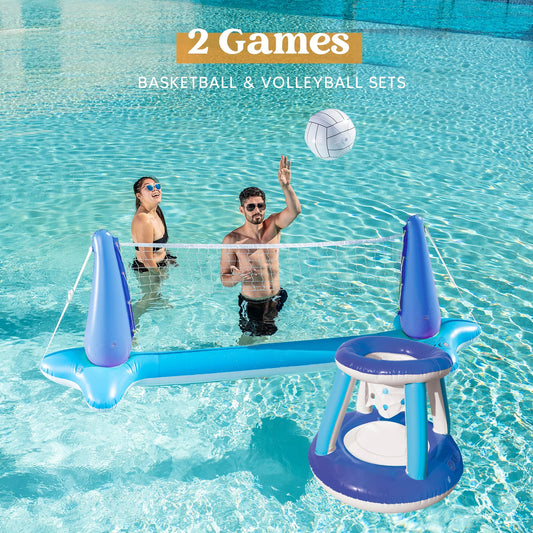 Inflatable Pool Float Game Set with Inflatable Volleyball Net & Basketball Hoops, Summer Pool Game for Kids and Adults - Dark Blue
