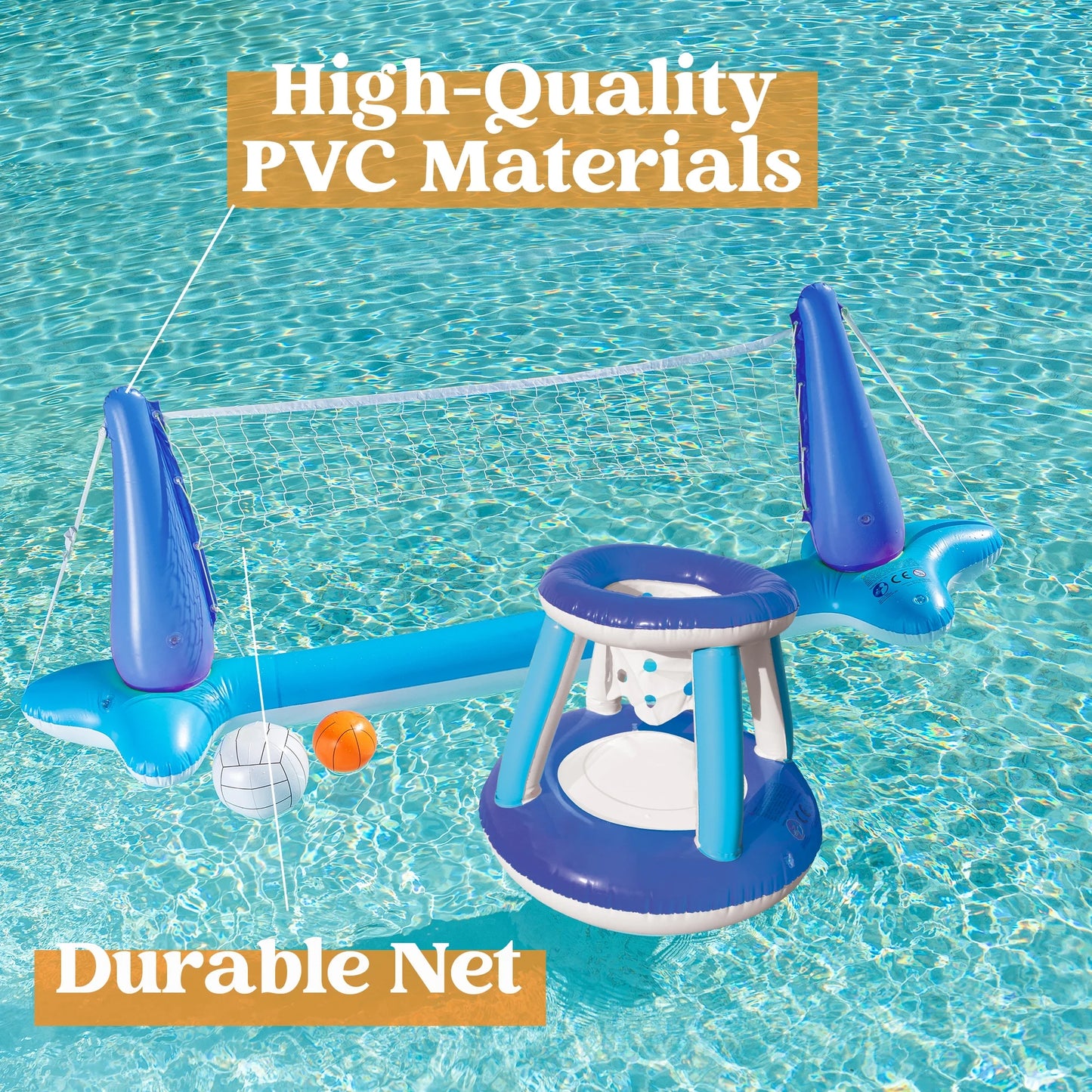 Inflatable Pool Float Game Set with Inflatable Volleyball Net & Basketball Hoops, Summer Pool Game for Kids and Adults - Dark Blue