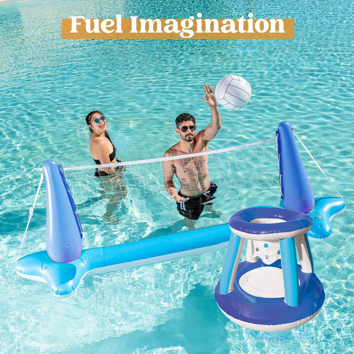 Inflatable Pool Float Game Set with Inflatable Volleyball Net & Basketball Hoops, Summer Pool Game for Kids and Adults - Dark Blue