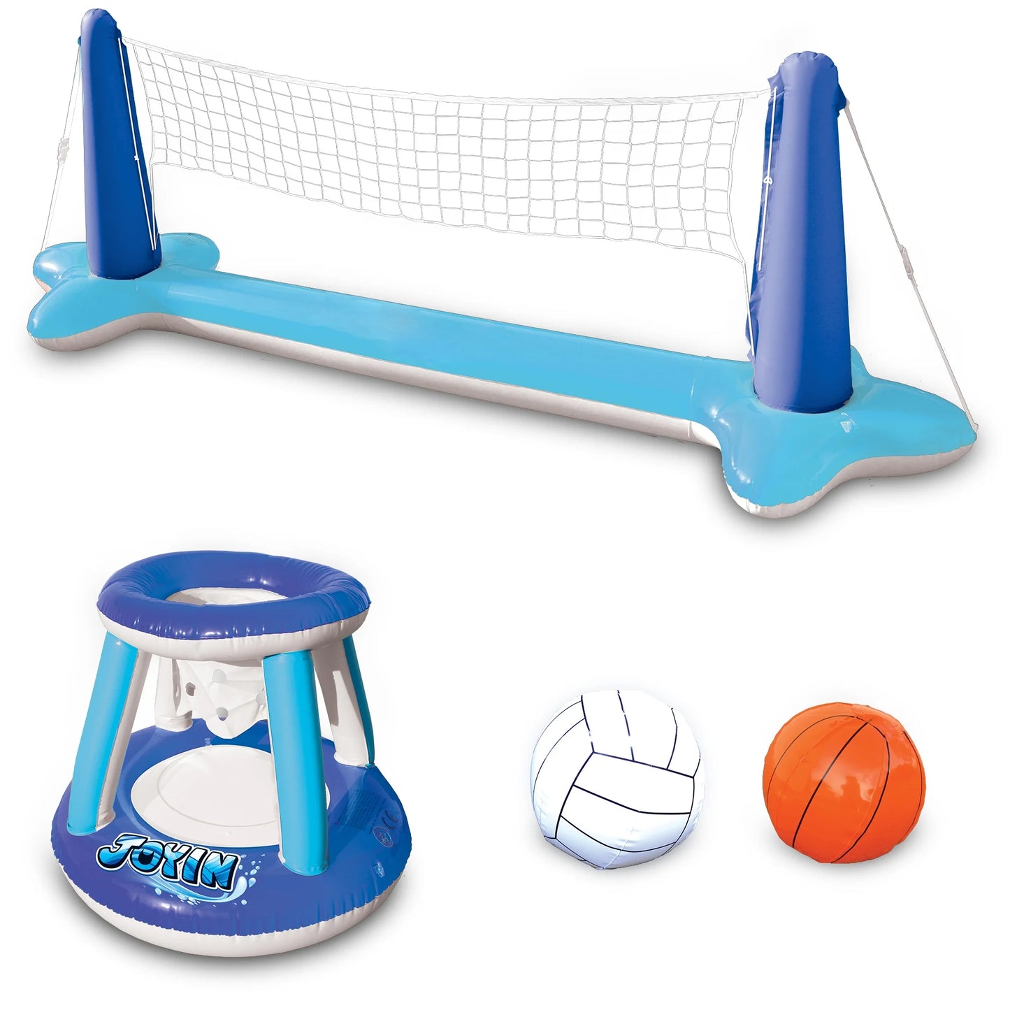 Inflatable Pool Float Game Set with Inflatable Volleyball Net & Basketball Hoops, Summer Pool Game for Kids and Adults - Dark Blue
