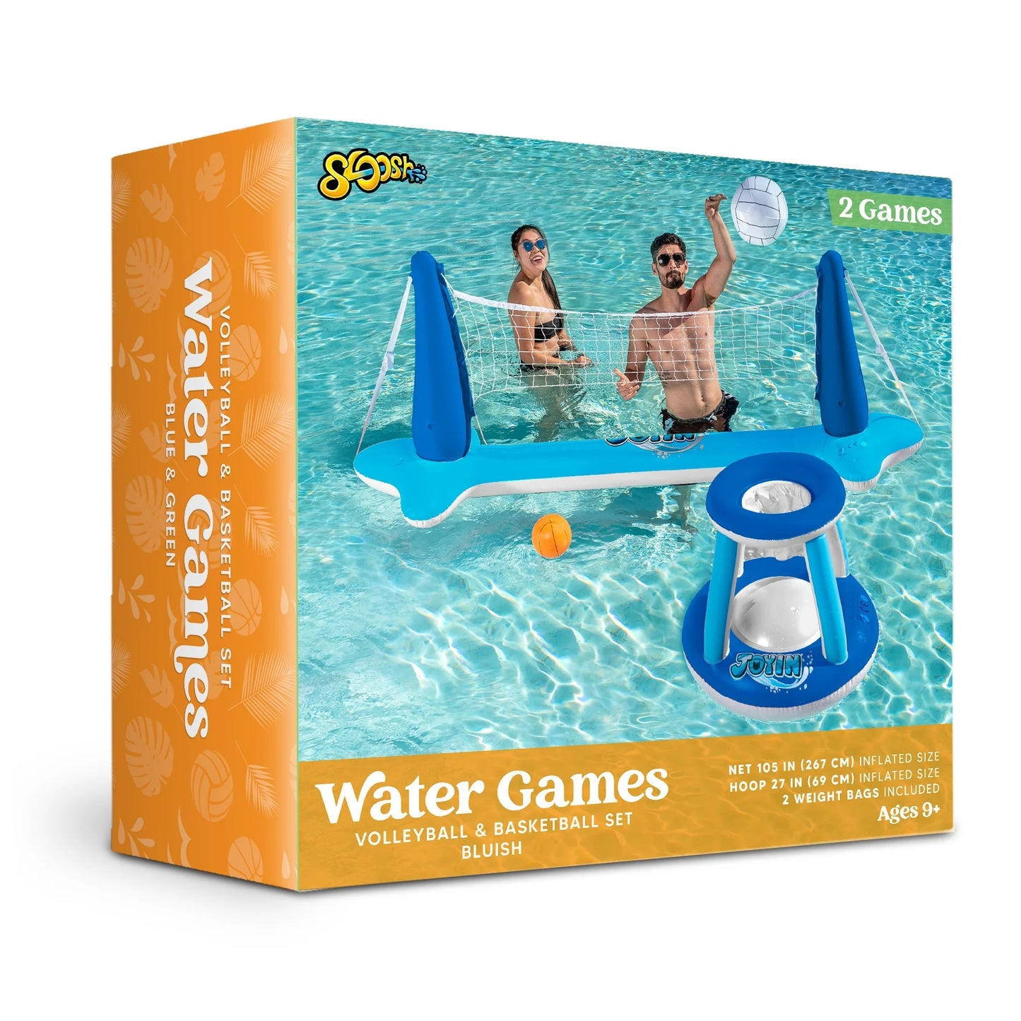 Inflatable Pool Float Game Set with Inflatable Volleyball Net & Basketball Hoops, Summer Pool Game for Kids and Adults - Dark Blue