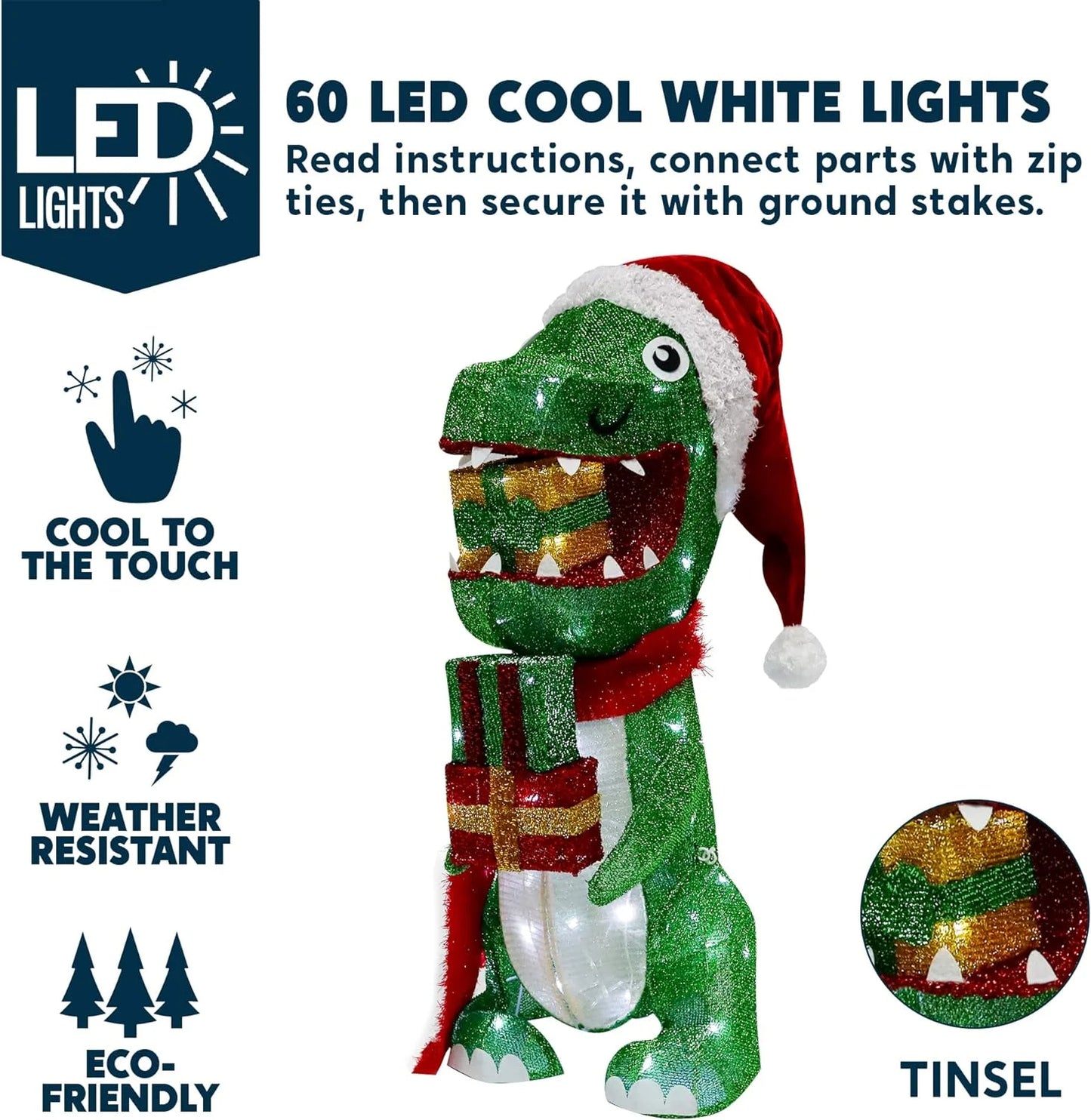 2.3 FT Dinosaur Yard Light Christmas Outdoor Decorations,60 Pre-Lit LED Cool White Christmas Decorations,Christmas Yard Light with Stakes Decorations Outdoor Holiday Decor