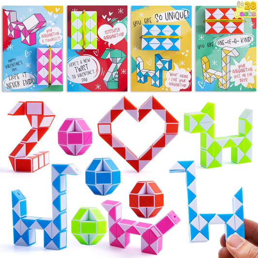 28 Packs Valentine's Day Cards with Fidget Cube Snake Cube Twist Puzzles Toys for Kids Valentine Class Exchange Cards