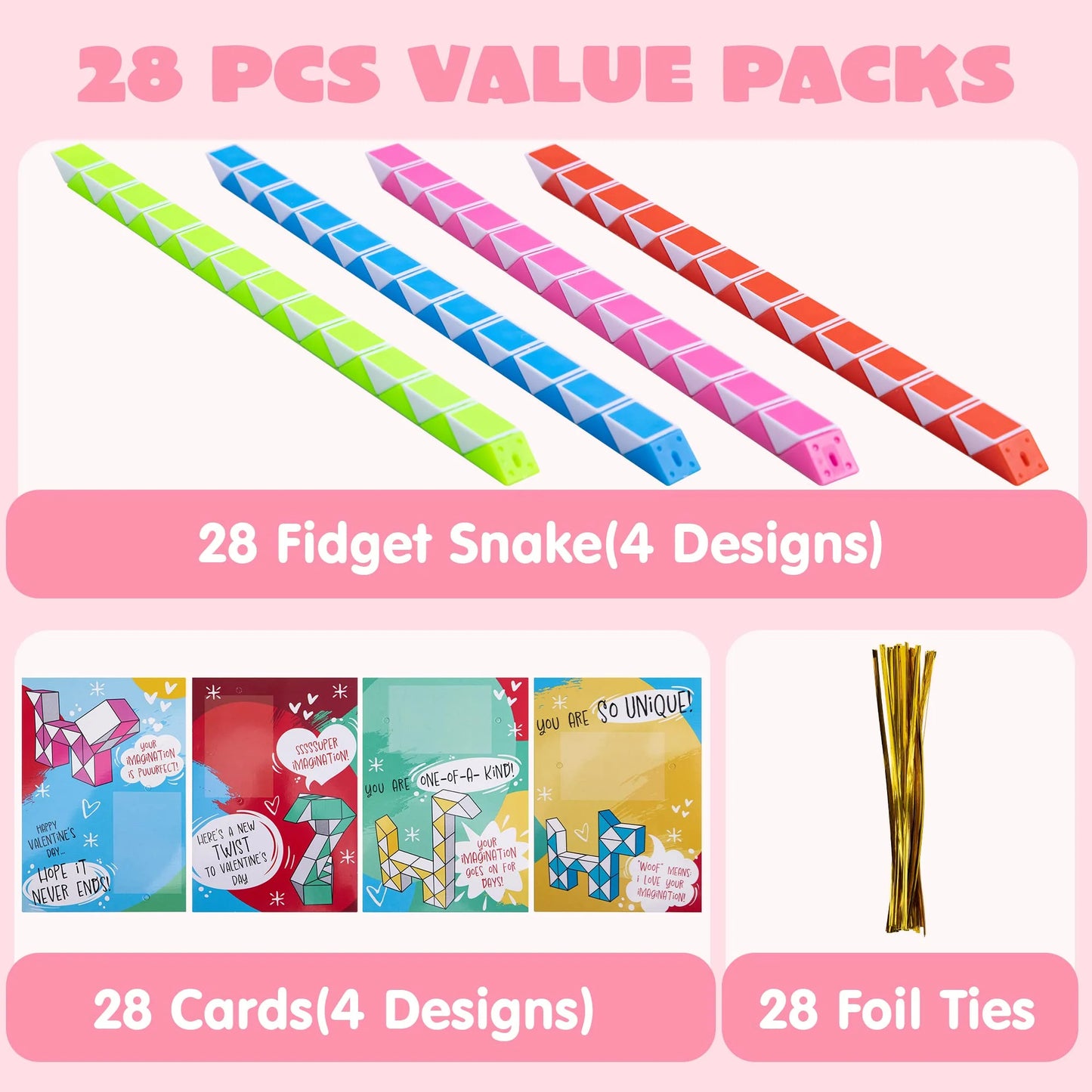 28 Packs Valentine's Day Cards with Fidget Cube Snake Cube Twist Puzzles Toys for Kids Valentine Class Exchange Cards