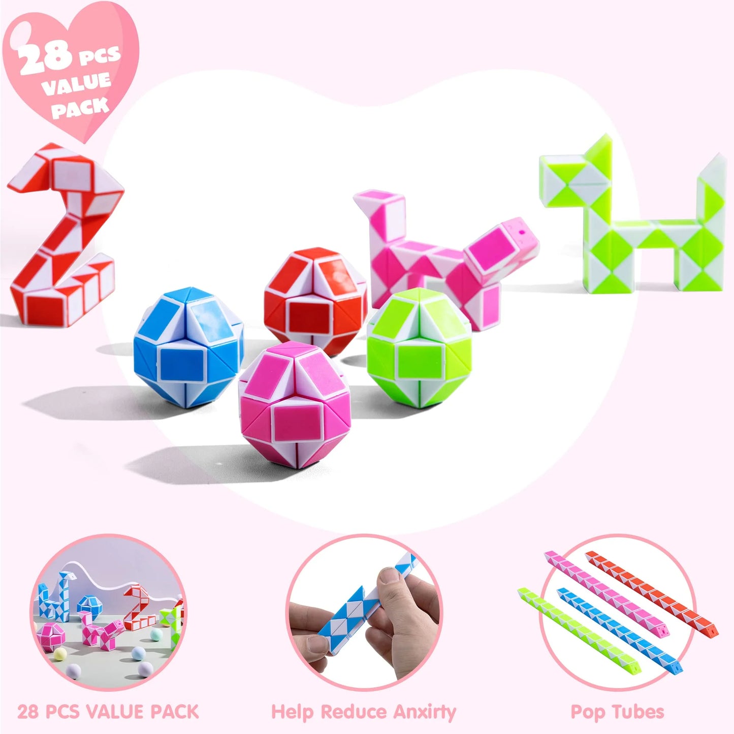28 Packs Valentine's Day Cards with Fidget Cube Snake Cube Twist Puzzles Toys for Kids Valentine Class Exchange Cards