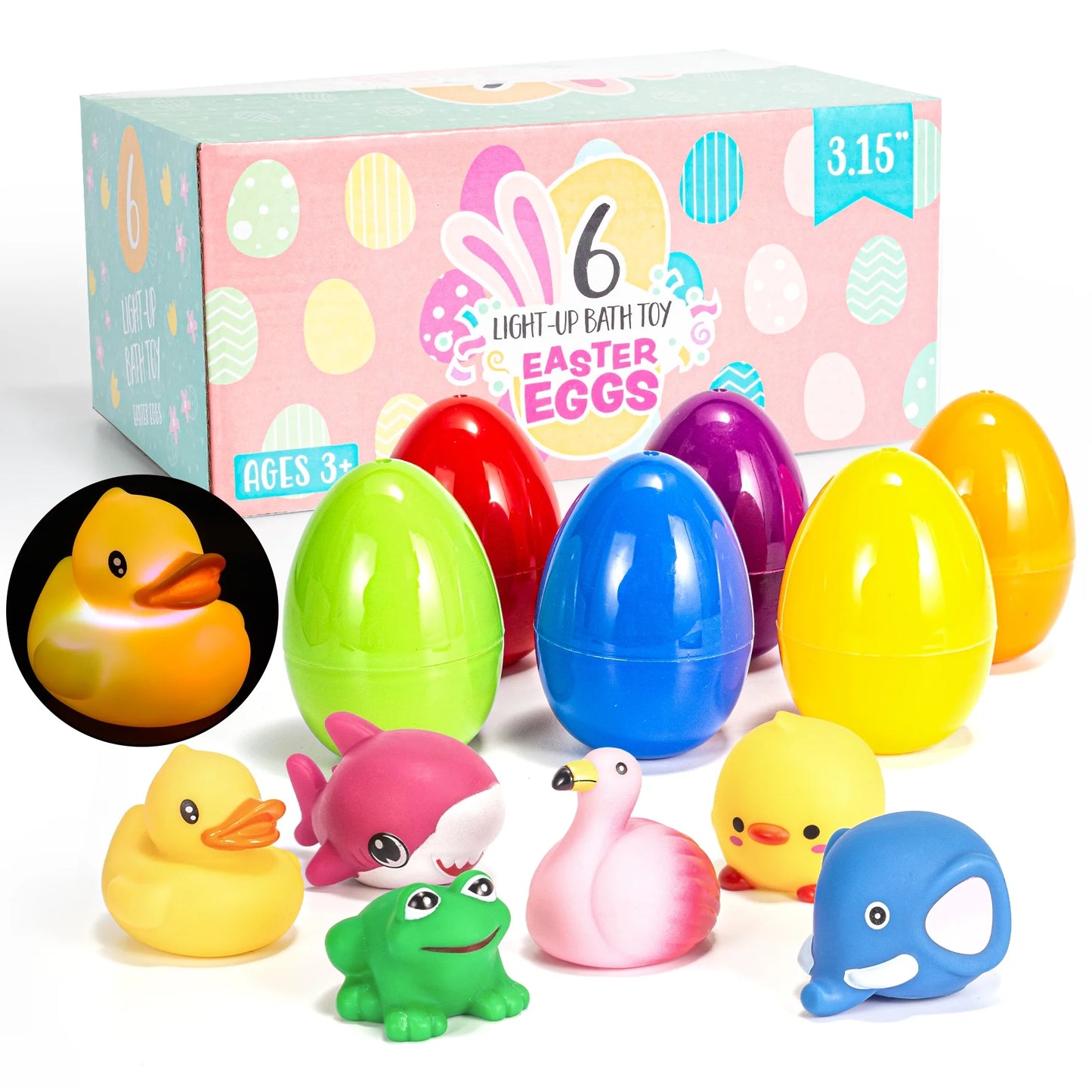 6 Pcs Prefilled Easter Eggs with Light Up Bath Toys Toys Inside for Kids Boys Girls Toddlers,Easter Basket Stuffers Gifts Party Favors