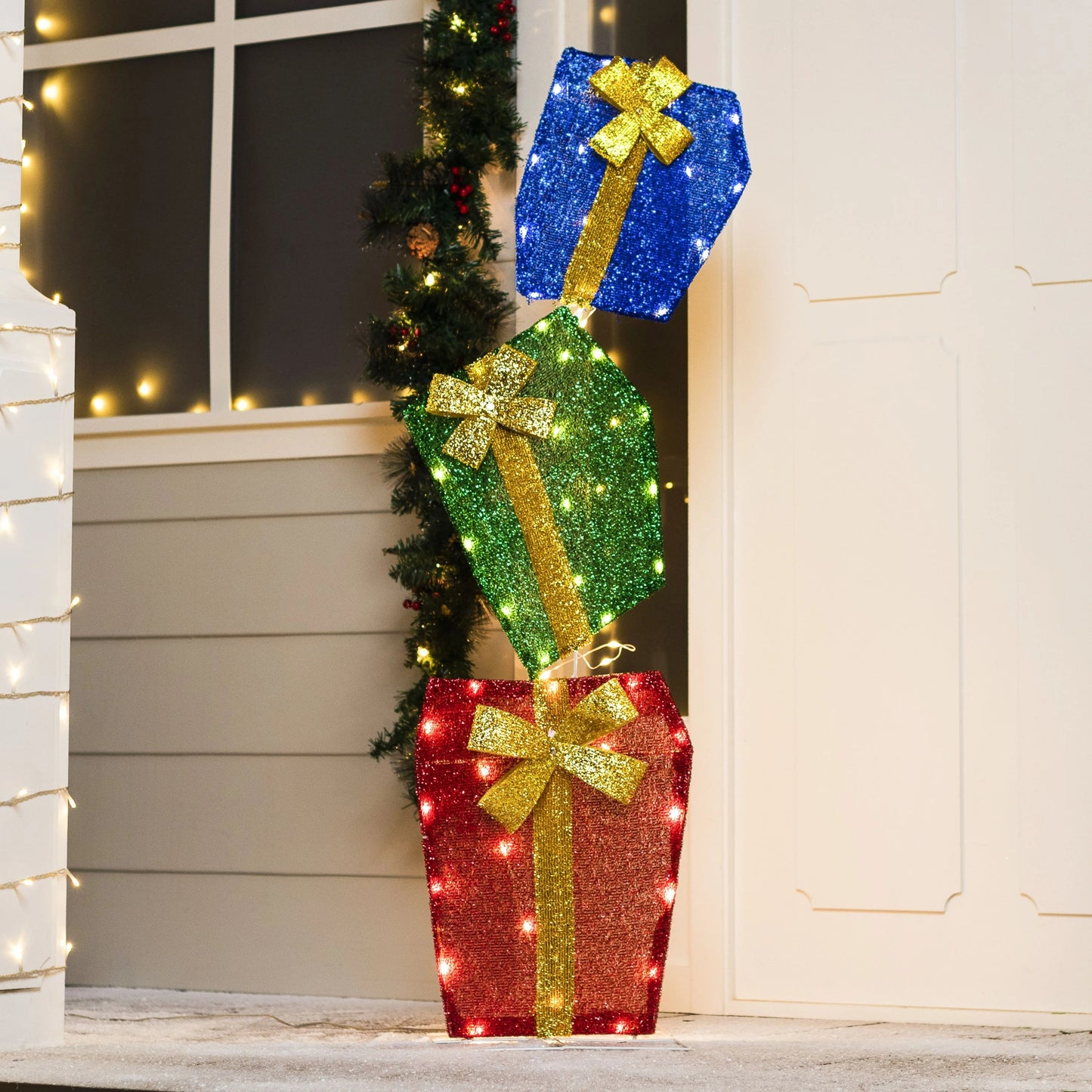 4 FT Gift Boxes Yard Light Christmas Outdoor Decorations,60 Pre-Lit LED Stacked Gift Boxes Christmas Decorations,Christmas Yard Light with Stakes Decorations Outdoor Holiday Decor