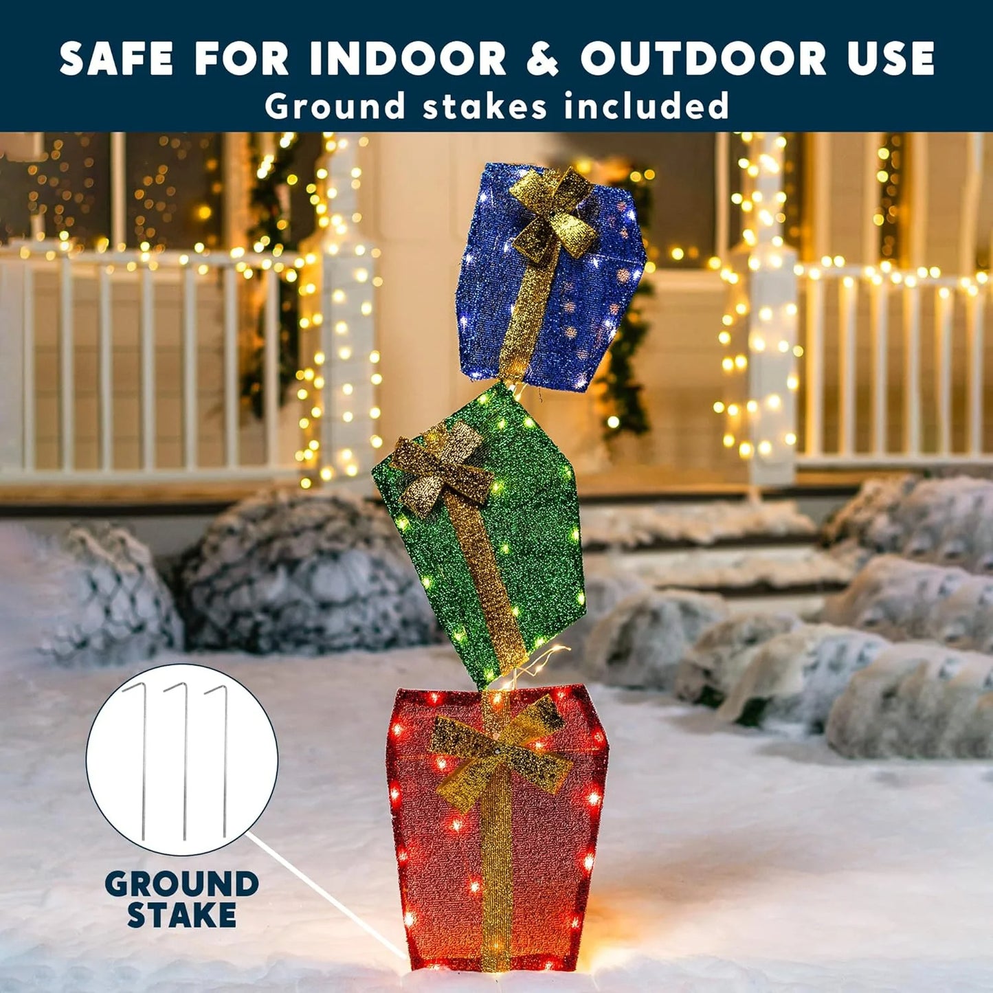 4 FT Gift Boxes Yard Light Christmas Outdoor Decorations,60 Pre-Lit LED Stacked Gift Boxes Christmas Decorations,Christmas Yard Light with Stakes Decorations Outdoor Holiday Decor
