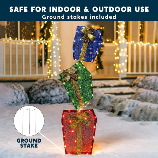 4 FT Gift Boxes Yard Light Christmas Outdoor Decorations,60 Pre-Lit LED Stacked Gift Boxes Christmas Decorations,Christmas Yard Light with Stakes Decorations Outdoor Holiday Decor