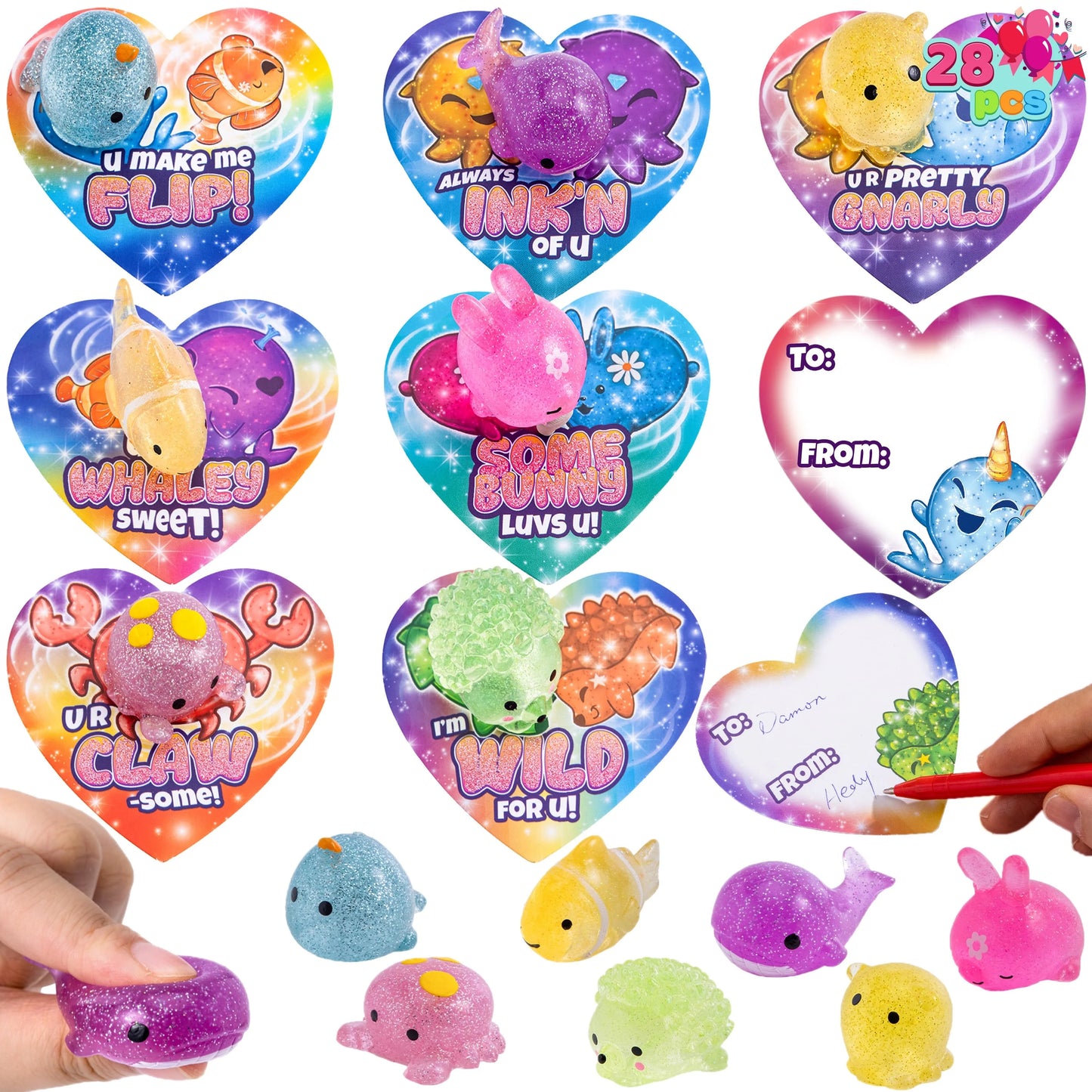 28 Pcs Valentines Day Cards with Glitter Mochi Squishy Toys pack, Cute Squeeze Fidget Toys for Kids Valentine School Class Exchange Cards Gifts