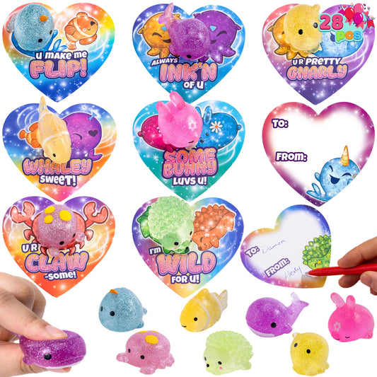 28 Pcs Valentines Day Cards with Glitter Mochi Squishy Toys pack, Cute Squeeze Fidget Toys for Kids Valentine School Class Exchange Cards Gifts
