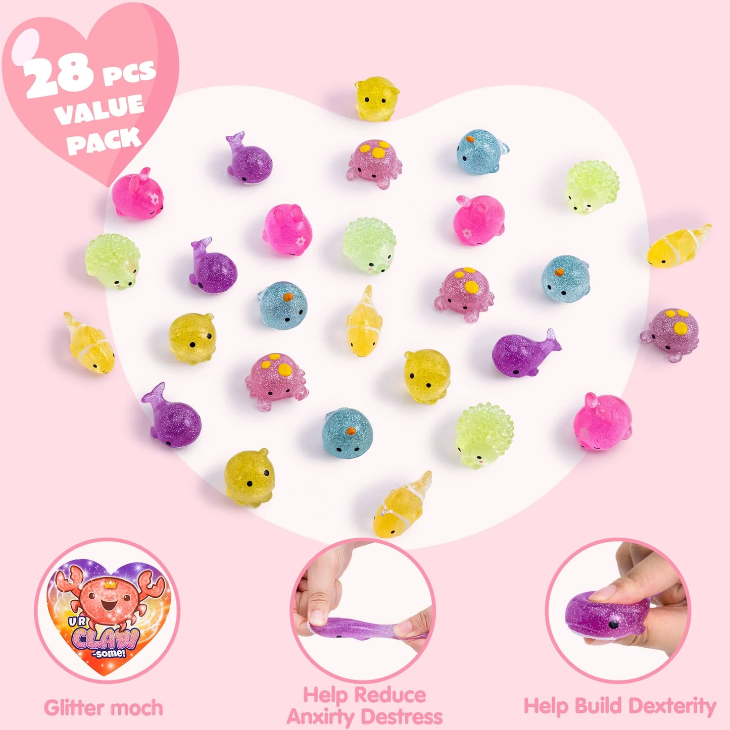 28 Pcs Valentines Day Cards with Glitter Mochi Squishy Toys pack, Cute Squeeze Fidget Toys for Kids Valentine School Class Exchange Cards Gifts