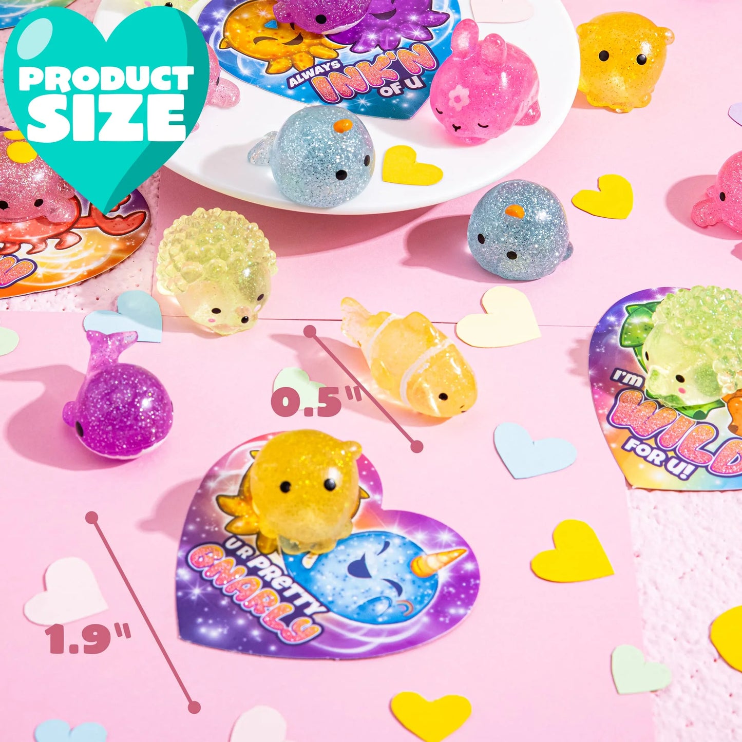 28 Pcs Valentines Day Cards with Glitter Mochi Squishy Toys pack, Cute Squeeze Fidget Toys for Kids Valentine School Class Exchange Cards Gifts