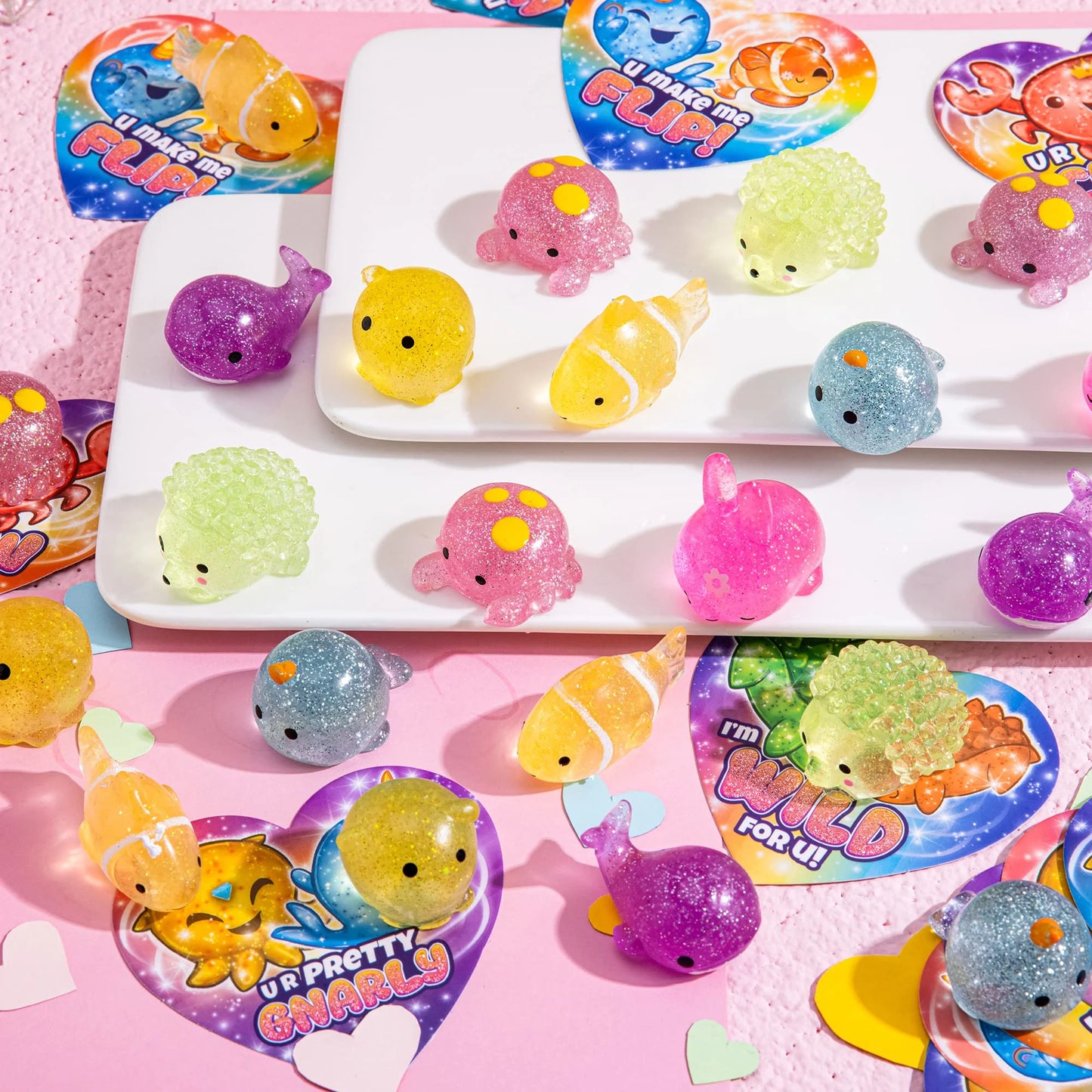 28 Pcs Valentines Day Cards with Glitter Mochi Squishy Toys pack, Cute Squeeze Fidget Toys for Kids Valentine School Class Exchange Cards Gifts