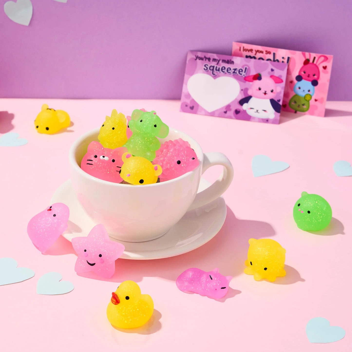 28 Packs Valentines Day Cards with Squishy Toys for Kids, Glitter Mochi Animal Squeeze Fidget Toys Valentines for Kids Class Favors Exchange Cards Gifts