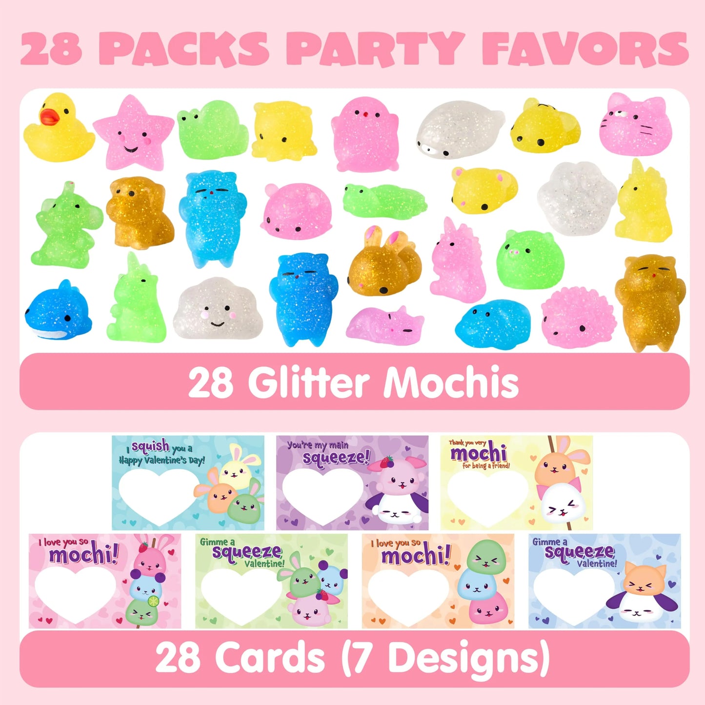 28 Packs Valentines Day Cards with Squishy Toys for Kids, Glitter Mochi Animal Squeeze Fidget Toys Valentines for Kids Class Favors Exchange Cards Gifts