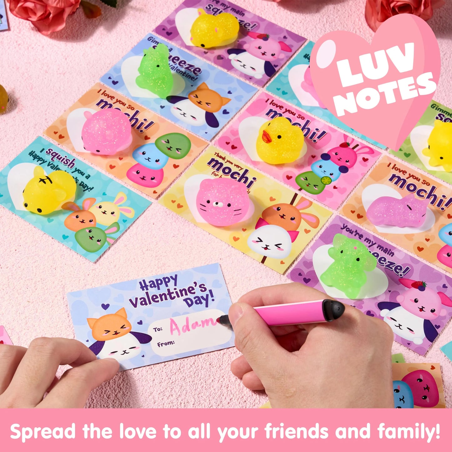 28 Packs Valentines Day Cards with Squishy Toys for Kids, Glitter Mochi Animal Squeeze Fidget Toys Valentines for Kids Class Favors Exchange Cards Gifts