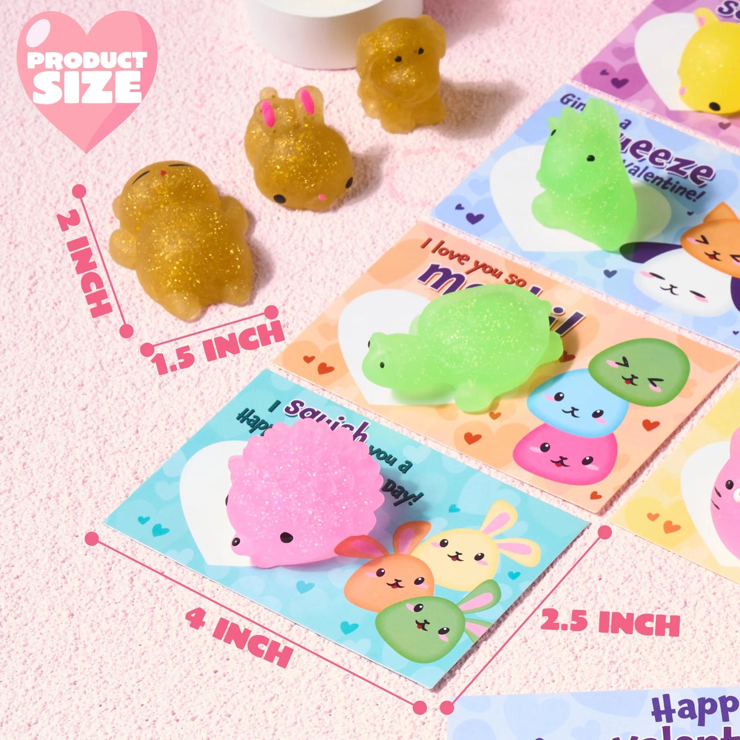28 Packs Valentines Day Cards with Squishy Toys for Kids, Glitter Mochi Animal Squeeze Fidget Toys Valentines for Kids Class Favors Exchange Cards Gifts
