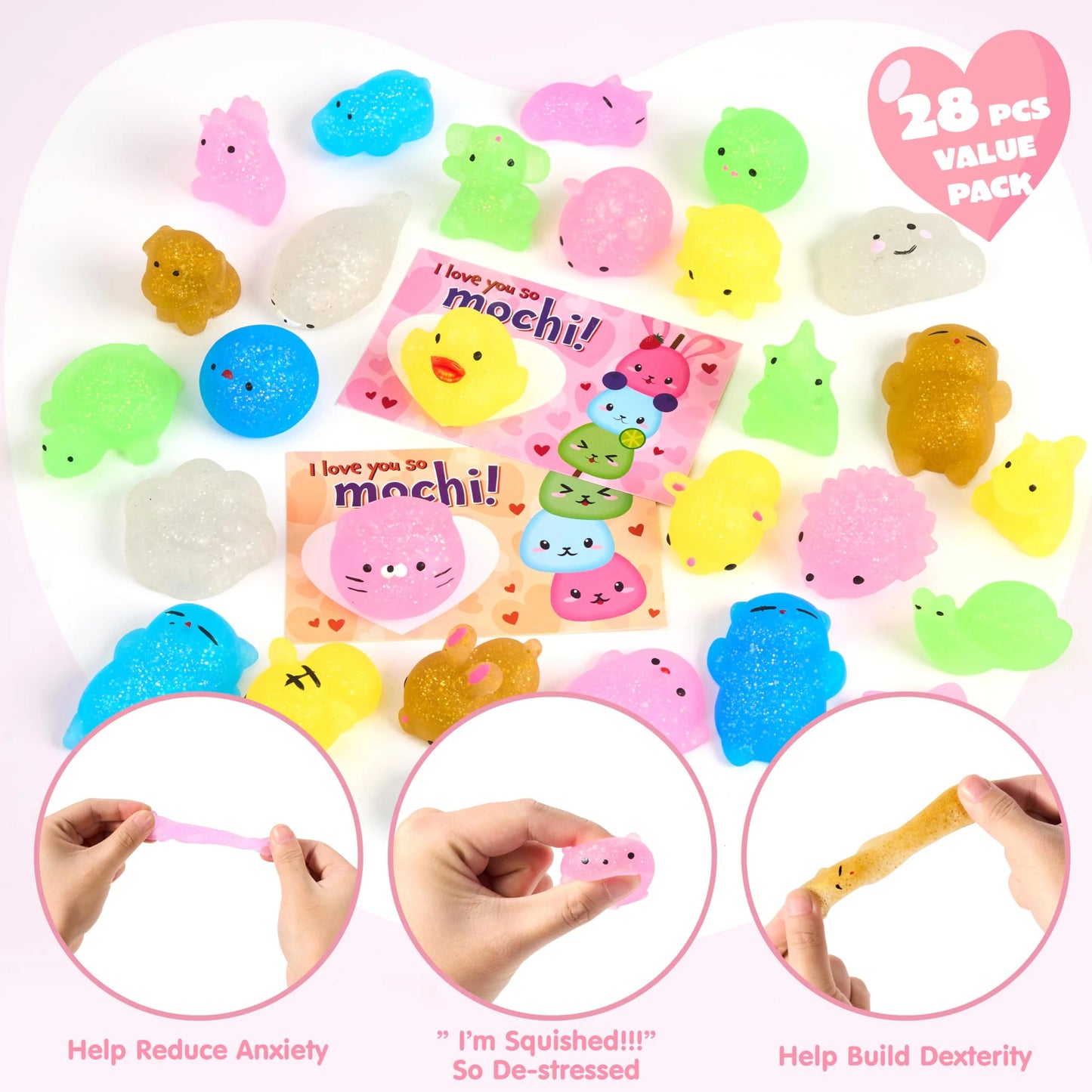 28 Packs Valentines Day Cards with Squishy Toys for Kids, Glitter Mochi Animal Squeeze Fidget Toys Valentines for Kids Class Favors Exchange Cards Gifts