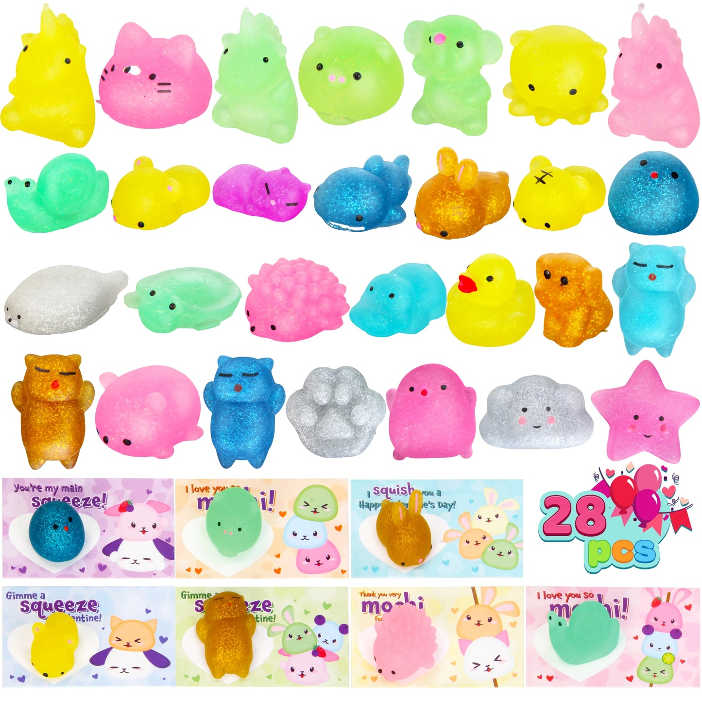 28 Packs Valentines Day Cards with Squishy Toys for Kids, Glitter Mochi Animal Squeeze Fidget Toys Valentines for Kids Class Favors Exchange Cards Gifts
