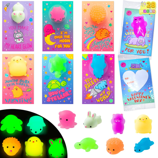 28 Packs Valentines Day Gift Cards with Mochi Squishy Toys , Squishies Glow in The Dark Fidget Toy for Kids Valentine School Class Cards