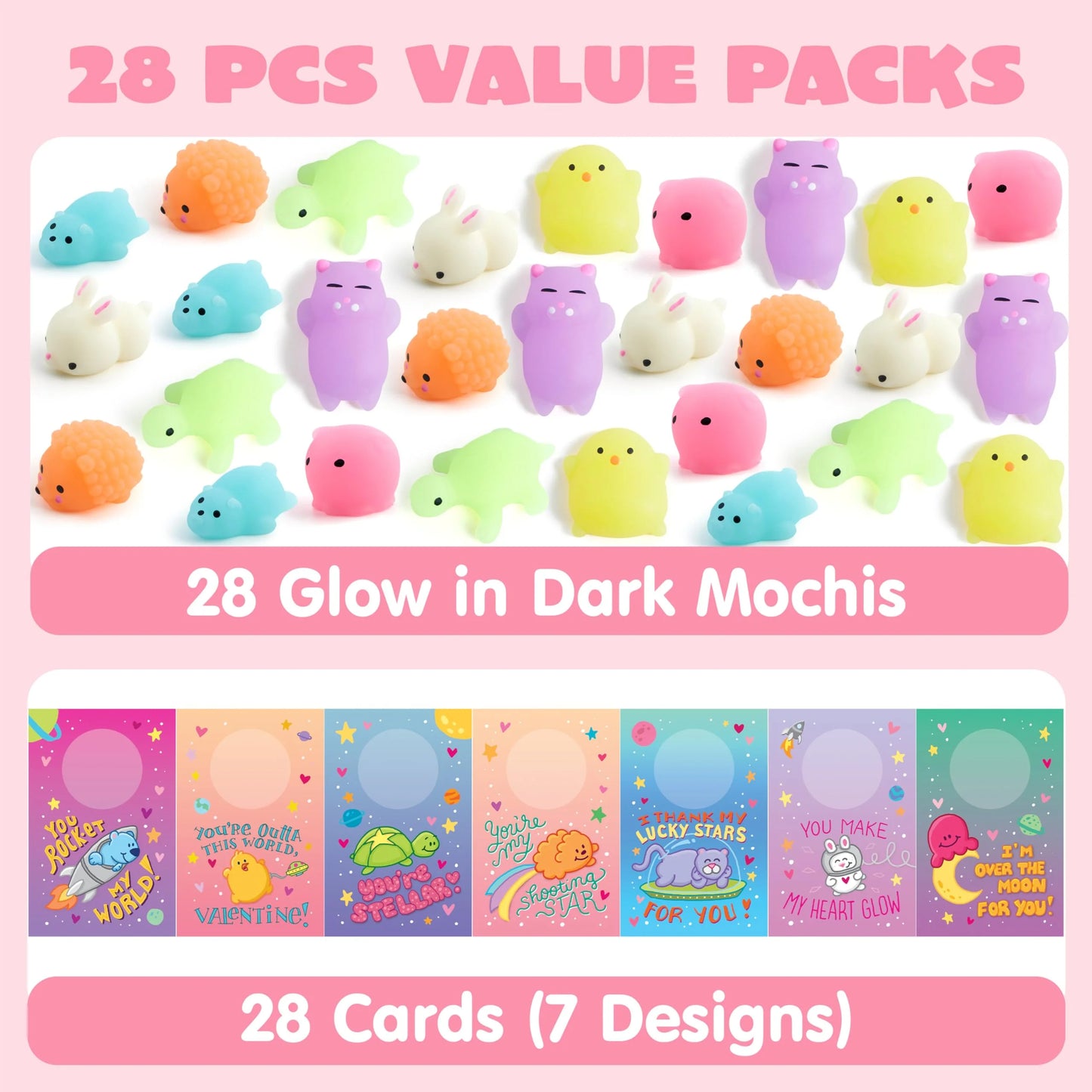 28 Packs Valentines Day Gift Cards with Mochi Squishy Toys , Squishies Glow in The Dark Fidget Toy for Kids Valentine School Class Cards
